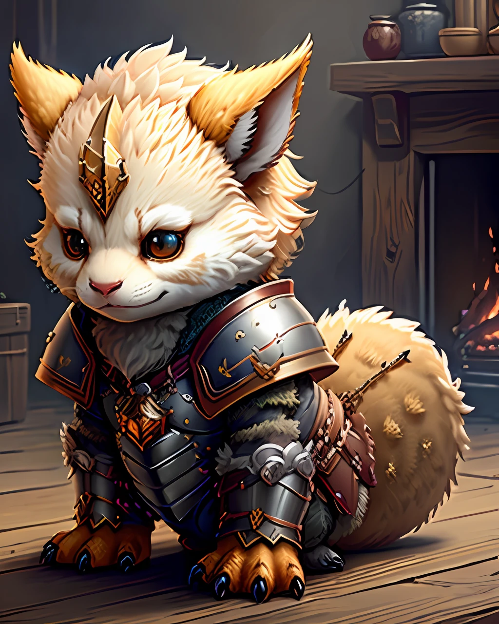 super cute fluffy dragon in armor, photorealistic, 8K, ultra detailed, vray rendering, unreal engine, midjourneyart style,