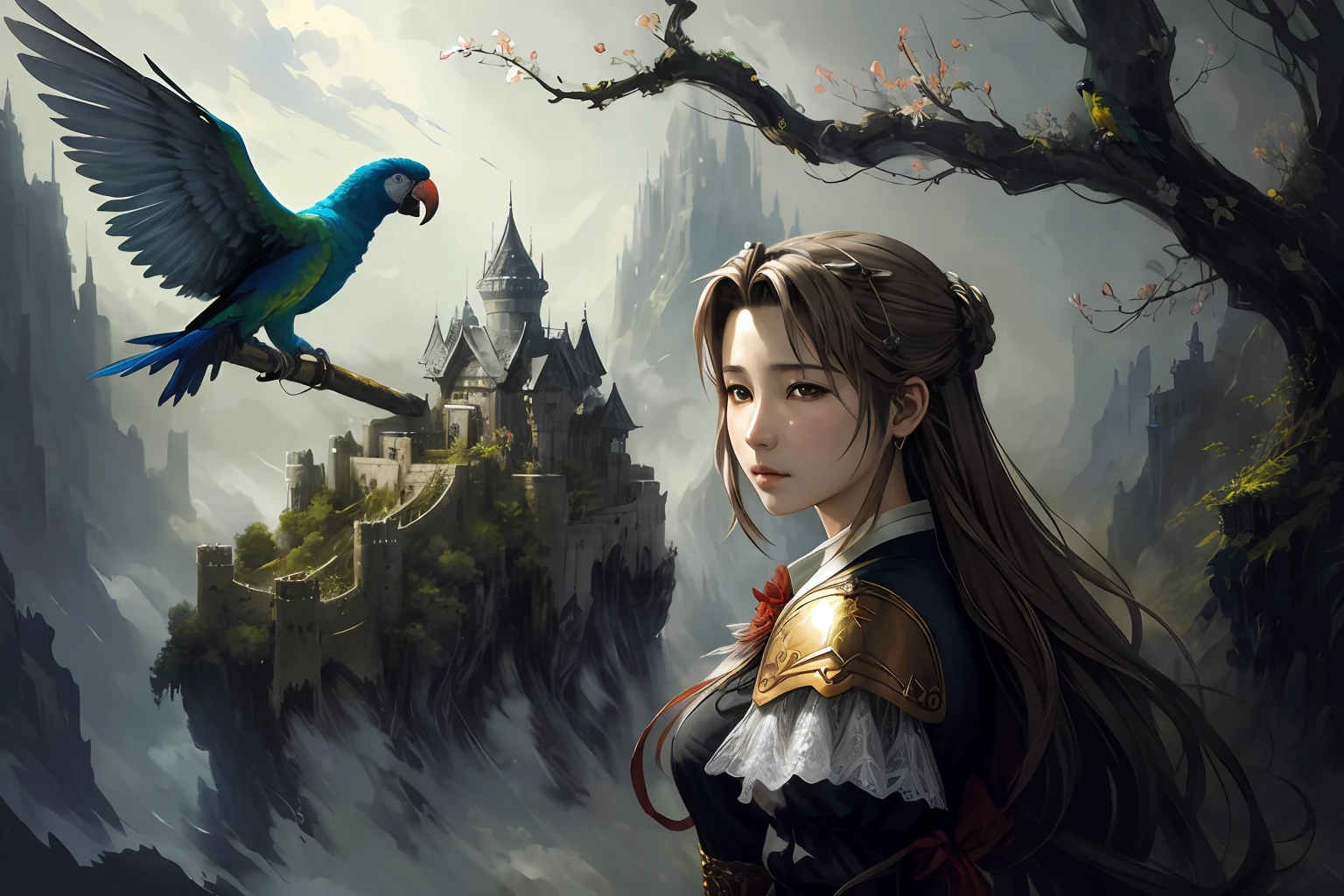 (dark dim dramatic atmosphere)+ 8k wallpaper, ()  ( aerith gainsborough  :1.5 ) wearing (lace : 1.3) with    Vibrant parrot sings on branch,  at A mountaintop fortress, home to a powerful sorcerer and his army of elemental golems ,  intricate, highly detailed,  messy, ( Speedpainting  :1.2),  smooth, sharp focus, illustration, by artist christophe young and artist kyoung hwan kim