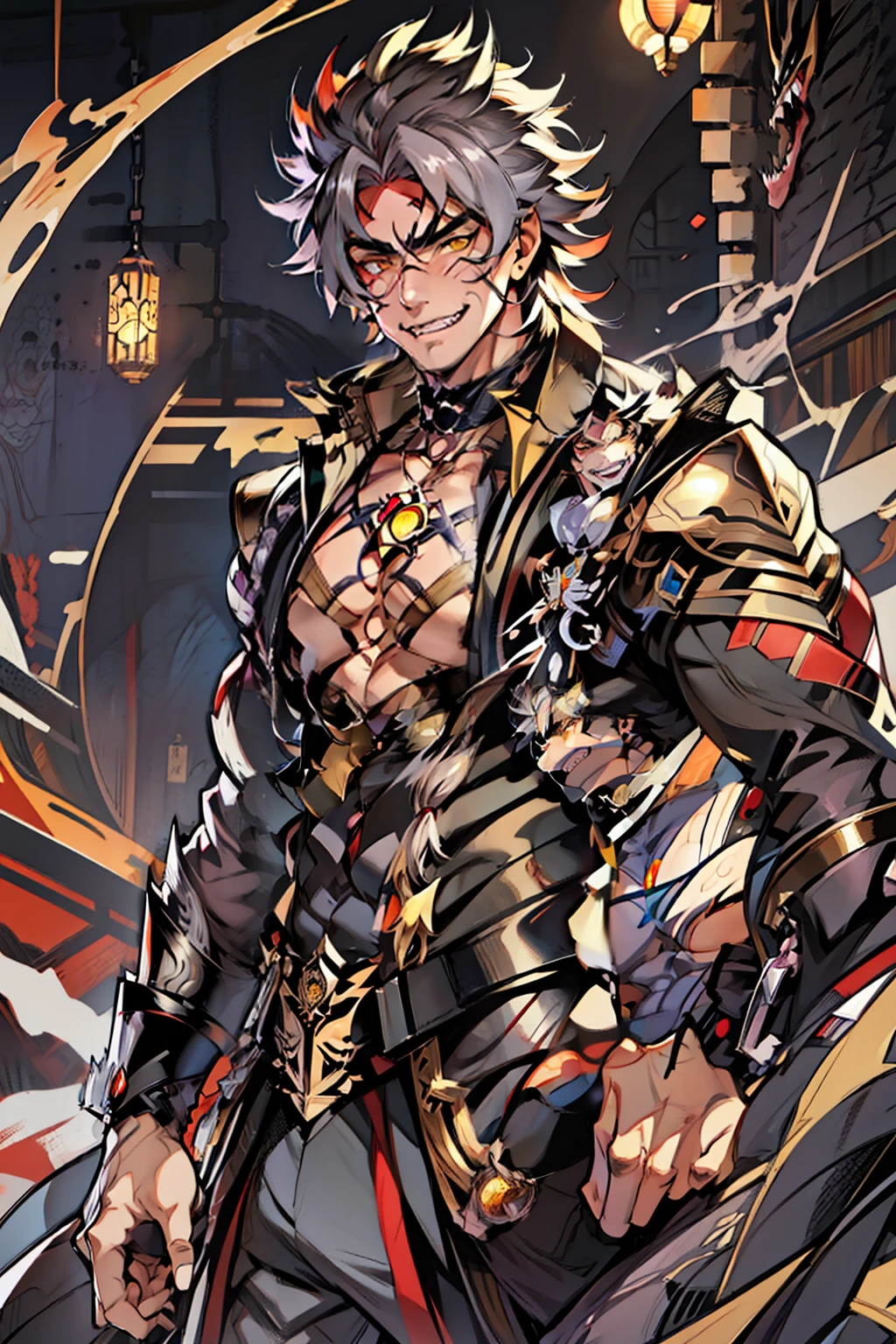 《the original god》Arataki Kazuto , male people，，((Masterpiece)), ((Best quality)), Ultra detailed,((illustration)), Dynamic Angle, Detailed light, (Delicate eyes), Floating, 1boy, Male focus, Head, Clothing, Yellow eyes, necklace, tattoo, (Forehead:0.8), (ahoge:0.8), jewelry, apathy，Ray， chest muscle， Sexy , Venom symbiote for your body, Black mucus of the body , （into venom）, Venom，frontage，style of anime4 K， 4K anime wallpaper， Badass anime 8 K， 4 k comic wallpaper， young anime man， Anime boys， Anime wallpapers 4 k， Anime wallpaper 4K， High quality anime art style， Anime moe art style， Anime art wallpaper 8 K， Anime art wallpaper 4 K， RGB lighting