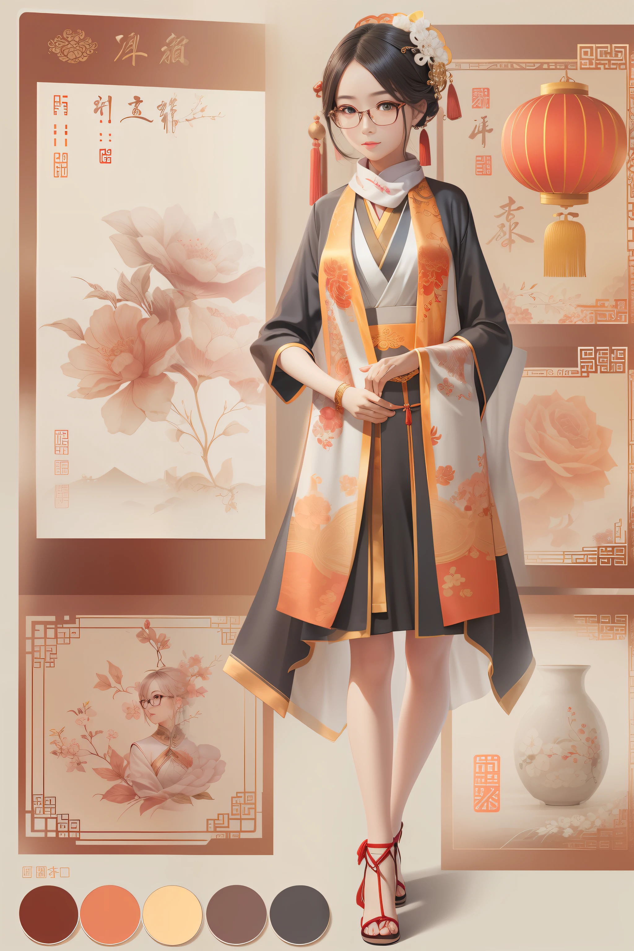 （China - chic Chinese intellectual girl，anatomy correct，Wear stylish glasses，Draped in a silk scarf：1.2，Oriental elements），（Color card description：1.4），（China - Fashion illustration：1.5，Vector painting：1.5），（Chinese colors，senior color matching，gradient backgrounds，white backgrounid），（The is very detailed，reasonable design，Clear lines，High- sharpness，best qualtiy，tmasterpiece，offcial art，movie light effect，4K）