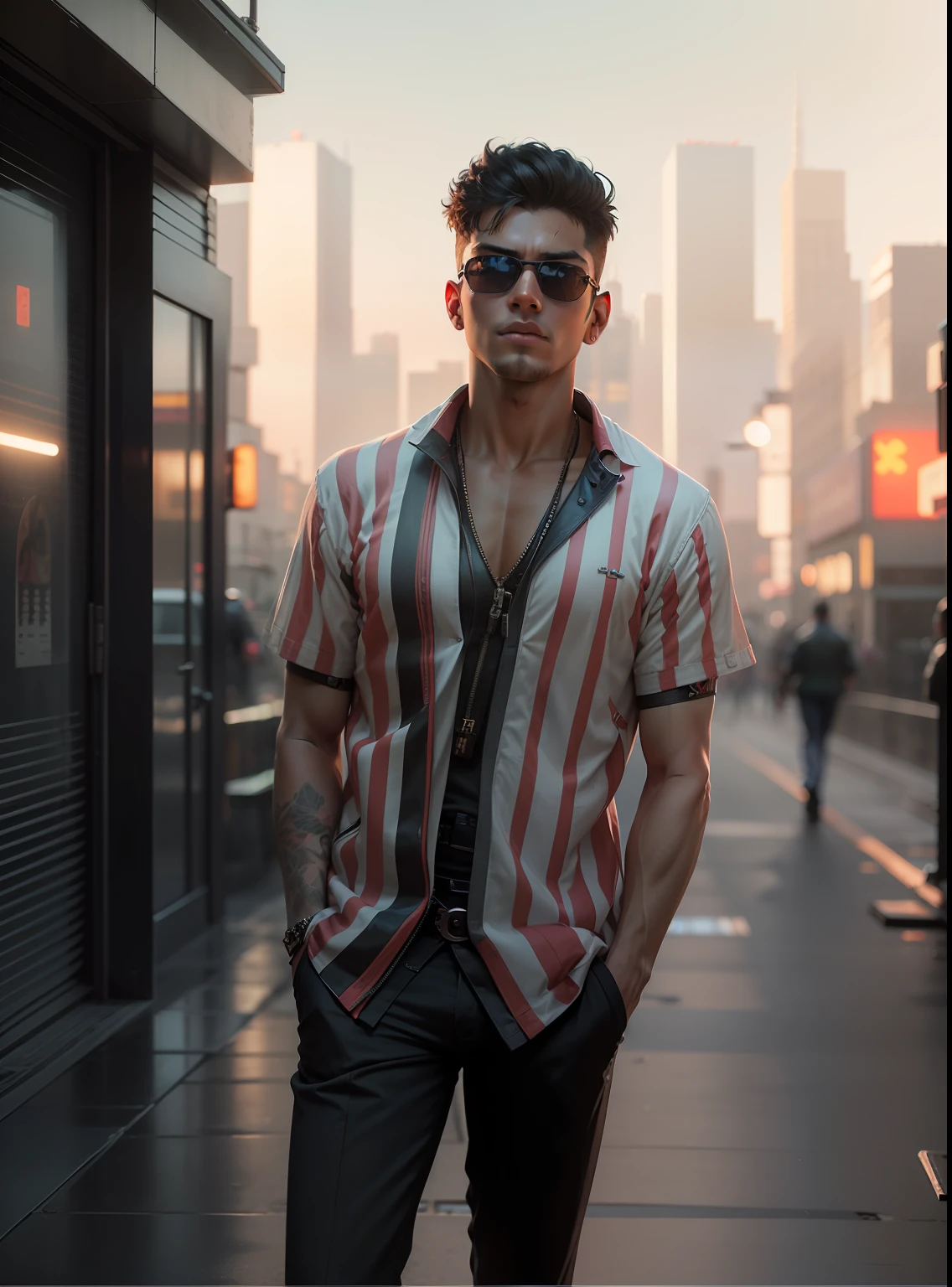 "Top-notch quality, Dashing young boy , transform the background into a cyberpunk setting, ultra-realistic 8k HD, with sunglasses, without any other changes."