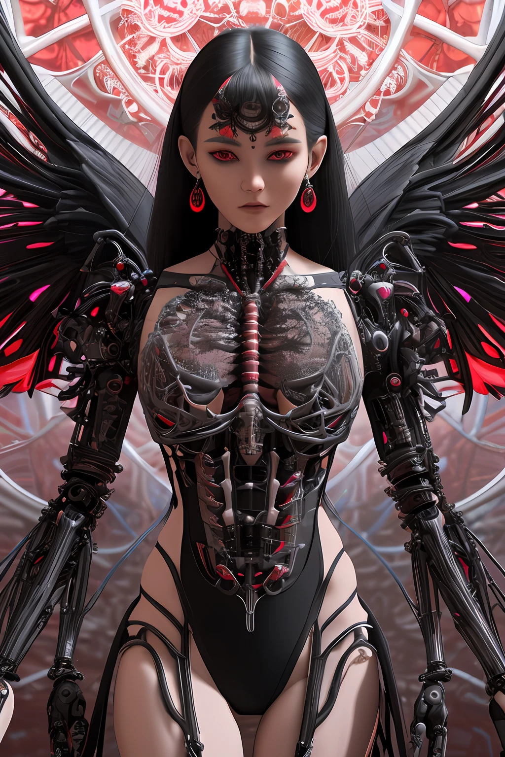 complex 3d render ultra detailed beautiful death angel, biomechanical cyborg, analog 150 mm lens, beautiful natural soft rim light, neon vein, roots, fine foliage lace, colorful details, Boris Bidjan Saberi outfit, pearl earrings, piercing, art nouveau fashion embroidered, intricate details, mesh wire, mandelbrot fractal, facial muscles, cable wires, microchip, badass, hyper realistic, ultra detailed, octane render, volumetric lighting, 8k post-production, red and white with a bit of black, detailled metalic bones, semi human, iridescent colors, Glenn Brown style, futuristic room, power of the god, high-angle shot, complex body poses