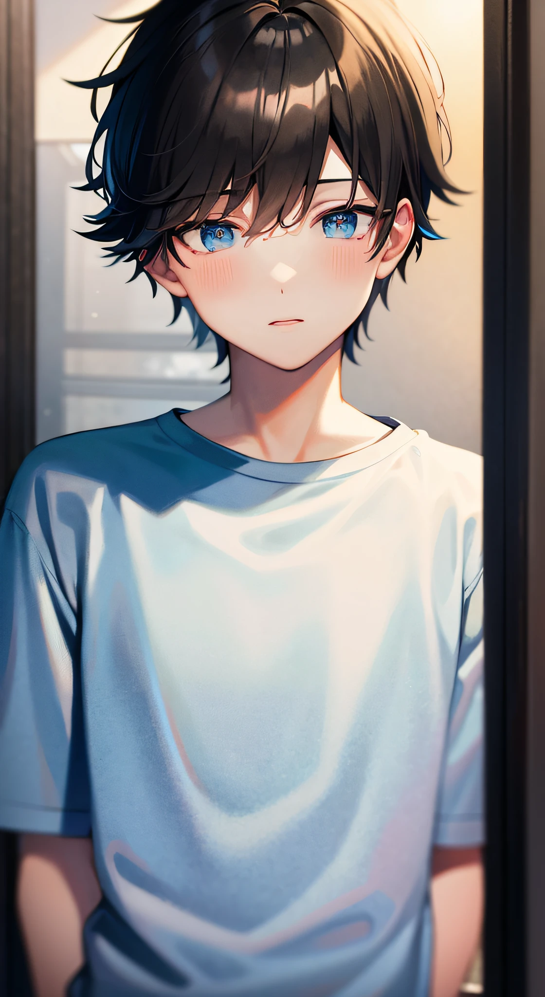 masterpiece, best quality, high quality, 1boy, solo, male focus, (lower his head:1.2), (cold light:1.2), (blue_eyes:1.2), (mullet:1.2), (black hair:1.2), (T-shirt:1.2), (hands behind his back:1.2)