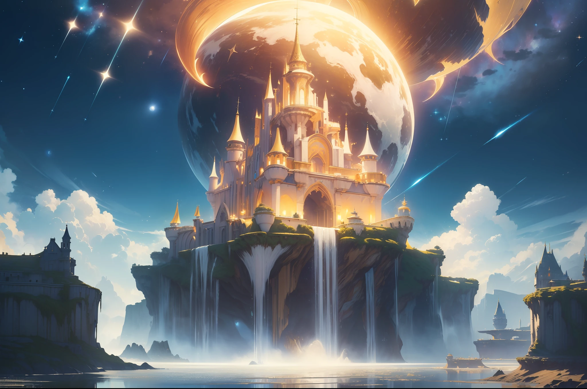 (masterpiece, high resolution, photorealistic:1.4),goergous floating castle, (gold, white), waterfall from the floating island, ((floating)) (clear white walls), perfectly symmetrical, (ultra detailed), ultra high quality, surrounded by glowing planets and moons, glowing stars in the background, (cosmic clouds), (floating bridges), (lights), (elegant, starry night sky)