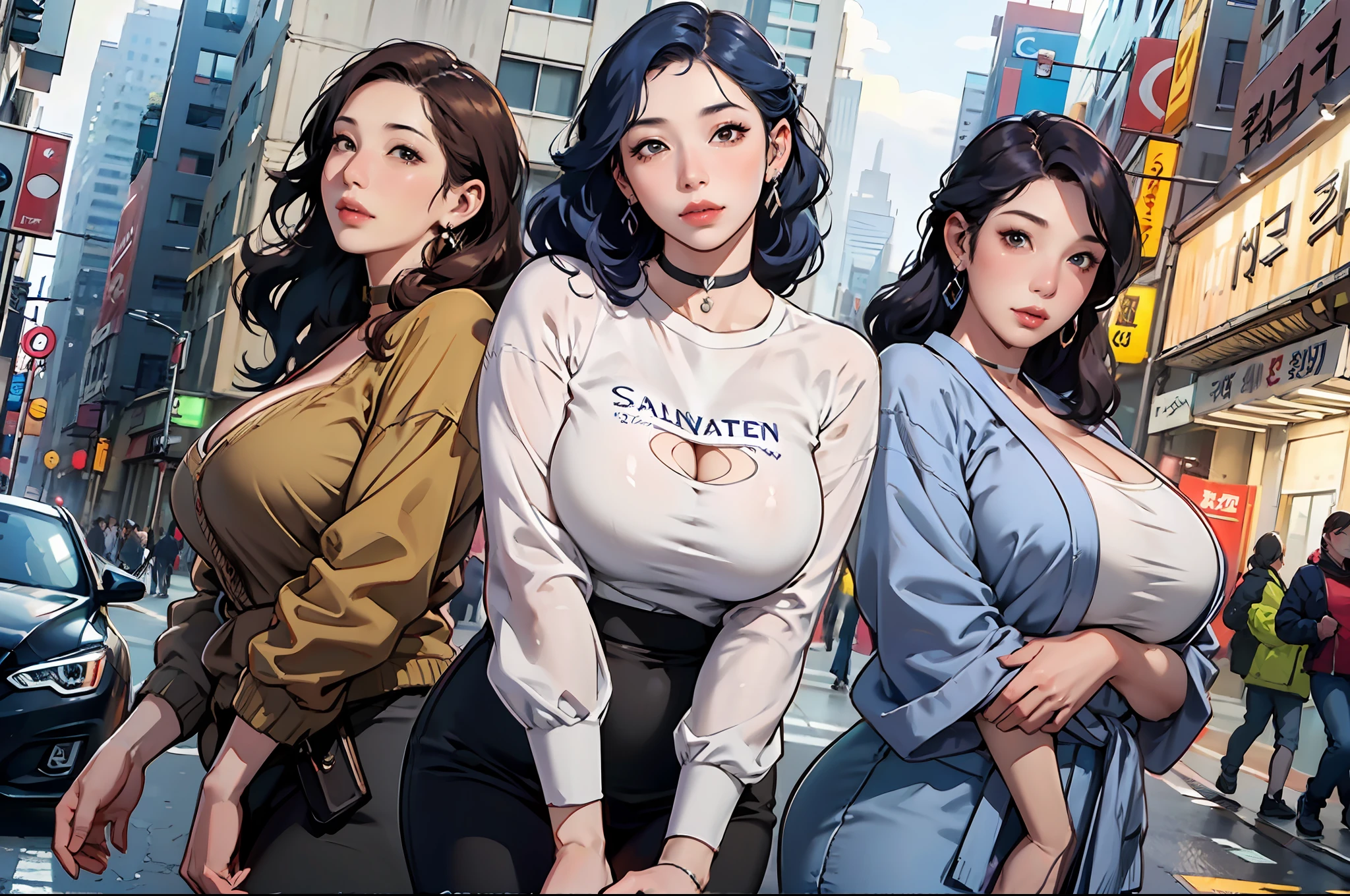 three asian women in a city street posing for a picture, 3girls aligned, choker, casual clothing, cleavage, earrings, (various hairstyle:1.3), dark blue hair, brown hair, blonde hair, BREAK (realistic:1.4), portrait, (masterpiece), (specular lighting:1.3), (hyperrealistic:1.2), (photorealistic face:1.2), (perfect face), (perfect eyes), (best quality), (8k), (4k), sharp focus, octane render, best quality, extremely detailed, intricate, fantasy, soft lighting, (gigantic hanging breasts), (skindentation:1.3), (chubby:1.2), (voluptuous:1.2), thick eyelashes, long eyelashes, korean women's fashion model, official artwork, realistic clothing