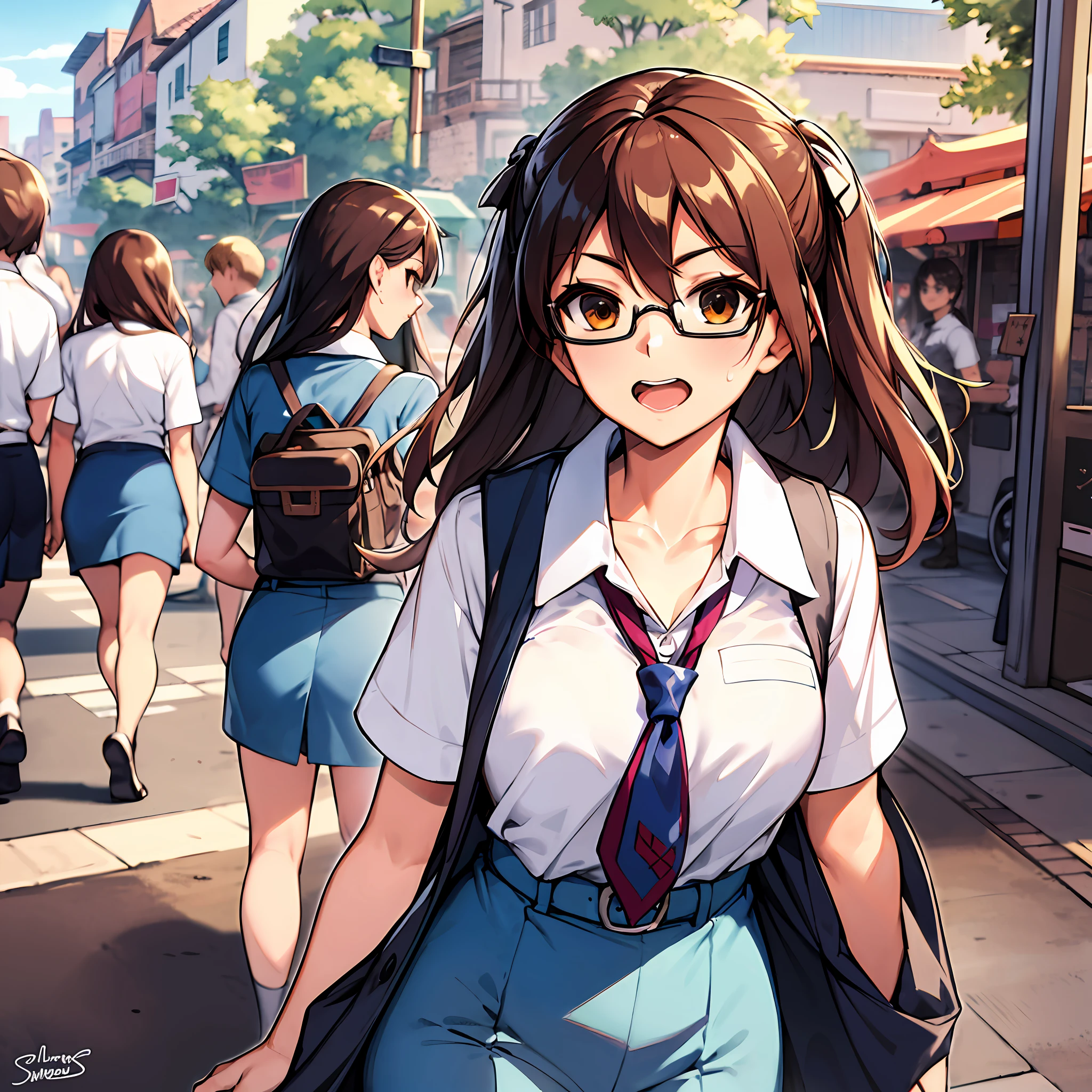 In her summer school uniform, Suzumiya Haruhi was a captivating sight as she strolled through the town, her energetic spirit apparent in every step she took. With the warm sun shining down on her, her uniform consisted of a white short-sleeved blouse and a pleated navy blue skirt, the epitome of the school's summer dress code.

Her untamed brown hair swayed gently with the breeze, and her signature ponytails bounced with each enthusiastic stride. Behind her square-rimmed glasses, her expressive hazel eyes gleamed with a mix of curiosity and determination, reflecting her unwavering belief in the existence of aliens, time travelers, and supernatural beings.

Haruhi's school uniform, though standard and unassuming, seemed to take on a unique charm when she wore it. Her confident posture and the way she carried herself made her stand out in a crowd, an irresistible force of nature with a dream of encountering the extraordinary.

As she wandered through the town, she eagerly scanned her surroundings, hoping to catch a glimpse of anything out of the ordinary. Her excitement was palpable, as if every street corner and alleyway held the potential for an otherworldly encounter.

With her SOS Brigade armband firmly in place, she was on a mission to uncover the mysteries of the universe. Her dedication to her cause was unwavering, and she was determined to make her dreams of meeting aliens, time travelers, and espers a reality.

As she approached unsuspecting passersby, she couldn't help but ask them questions about any unusual experiences they might have had. Her natural charisma and infectious enthusiasm drew people in, and some were even compelled to share their fantastical encounters with her, whether they were real or imagined.

In the scorching summer heat, Haruhi's unyielding spirit remained undeterred. She had a knack for turning the mundane into something extraordinary, and her adventures in the town were no exception.