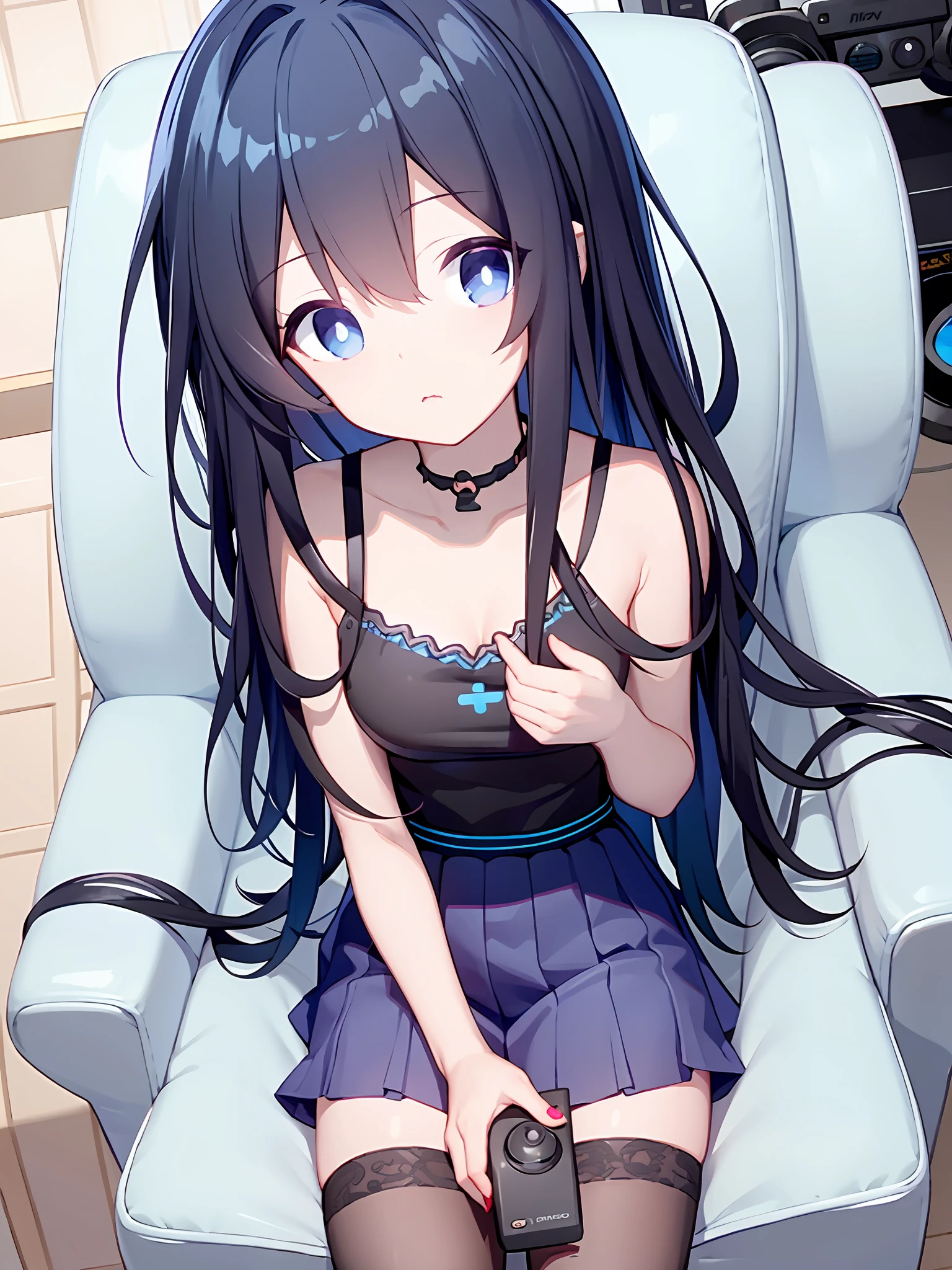 Anime girl, collarbone, holding, game controller, black legwear, chair, indoors, blue shirt, armchair, blue skirt, black hair, camera, controller, gamepad, blush, game console, bangs, couch, furniture	,Medium-sized breasts, flat chest, short skirt, clothes, beautiful legs,