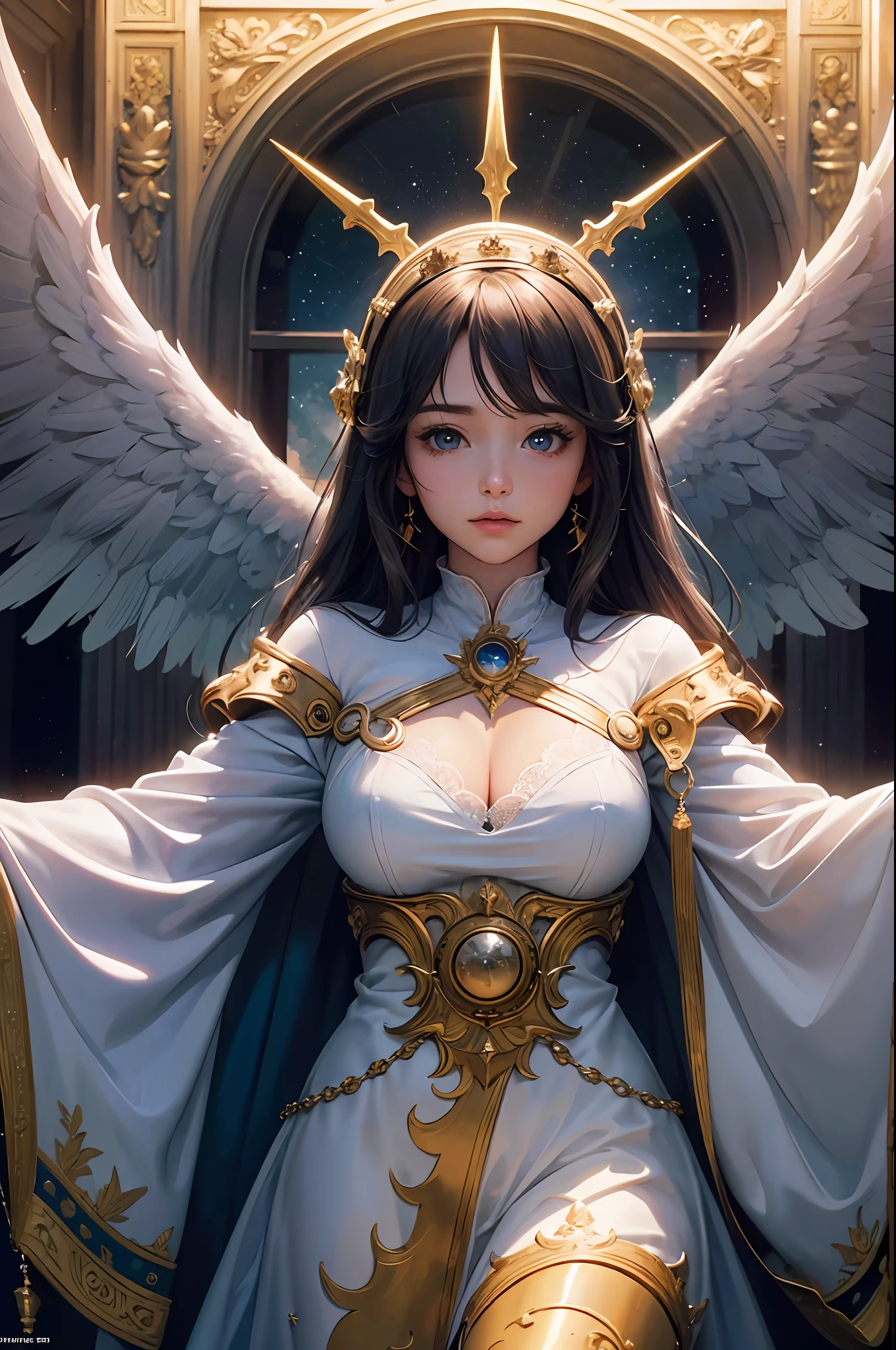 a full panoramic picture of a celestial castle [[hovering]] (intense details, Masterpiece, best quality: 1.6) in the sky (intense details, Masterpiece, best quality: 1.5), [[in the sky]] hanging among the clouds (intense details, Masterpiece, best quality: 1.5) at day, flying castle in the sky (intense details, Masterpiece, best quality: 1.5), sun and clouds. many colors light from castle windows, angels flying around the castle (intense details, Masterpiece, best quality: 1.5) flying around castle, atmosphere of heaven and bliss, masterwork architecture (intense details, Masterpiece, best quality: 1.6), atmosphere of magic (intense details, Masterpiece, best quality: 1.5), 8k, ultra detailed, ultra-realistic, masterpiece, best quality, (extremely detailed), ultra wide angle