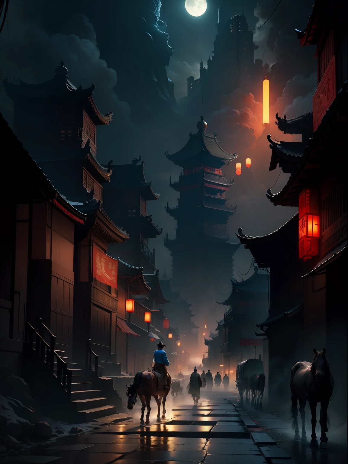 Chinese Ancient Times,the night,A man leads a horse on the road,In the distance, A huge towering monster looms,The walls are made of black stone,The city's towers are almost 30 meters high,There are few tiles covered on it,Most of them are red stone chips,Dark style,uncanny,run-down,Like hell,terroral,There are some people in town,They are all all kinds of weird-looking people,Look up,real photograph,rich details