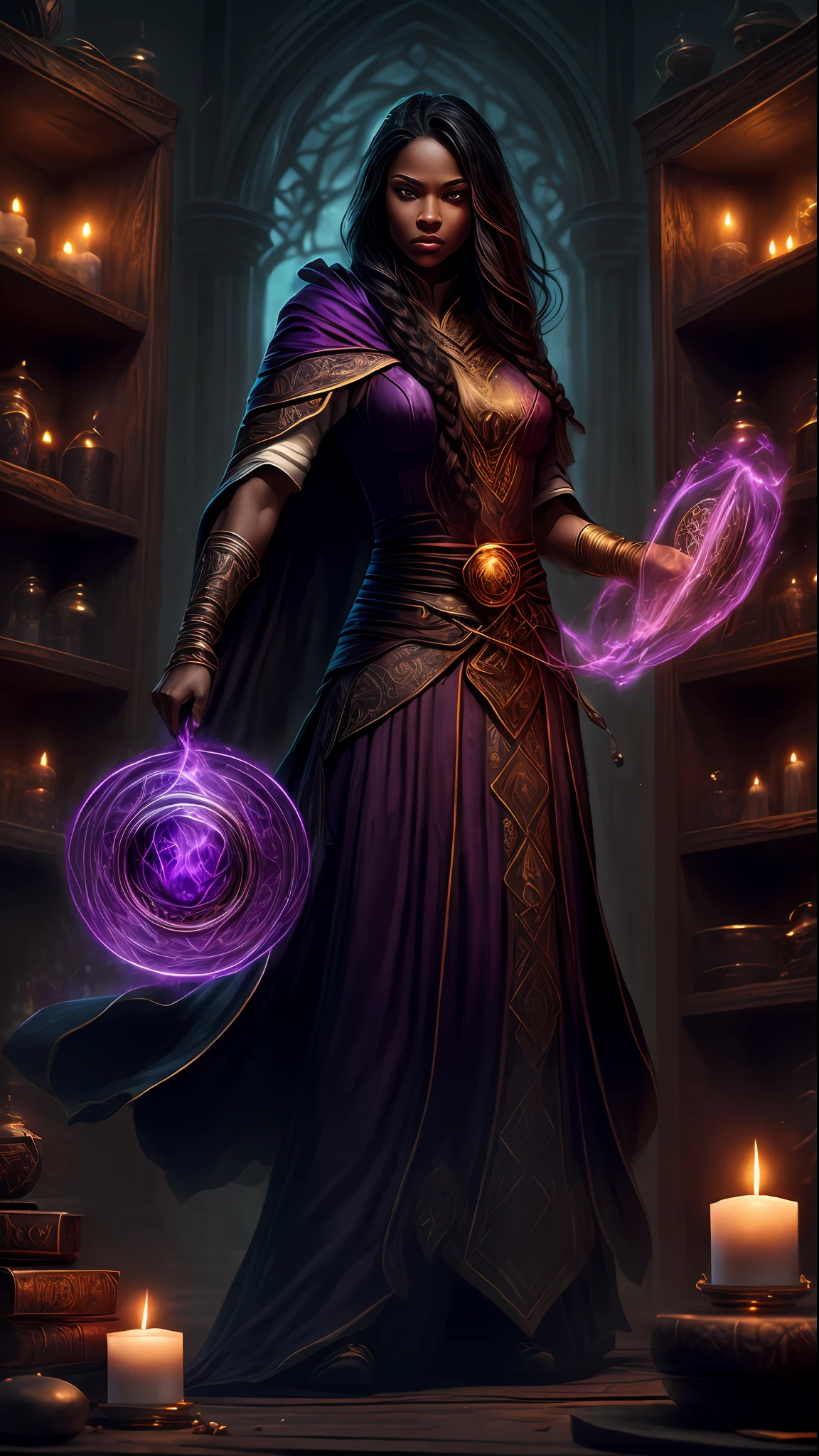8k, ultra detailed, masterpiece, best quality, (extremely detailed), full body a human  (intense details, Masterpiece, best quality: 1.5), female  (intense details, Masterpiece, best quality: 1.5),  mage, arcane wizard, manipulating magical energies  (intense details, Masterpiece, best quality: 1.5), in a magical laboratory  (intense details, Masterpiece, best quality: 1.5), female human (intense details, Masterpiece, best quality: 1.5), wearing white robe (intense details, Masterpiece, best quality: 1.5), purple cloak with magical sigils (intense details, Masterpiece, best quality: 1.5), extremally beautiful woman, dark skin (intense details, Masterpiece, best quality: 1.5), black hair, long hair, braided hair, dynamic eyes,  magic lab. bickers, vials, arcane book shelves, candles light, dynamic light