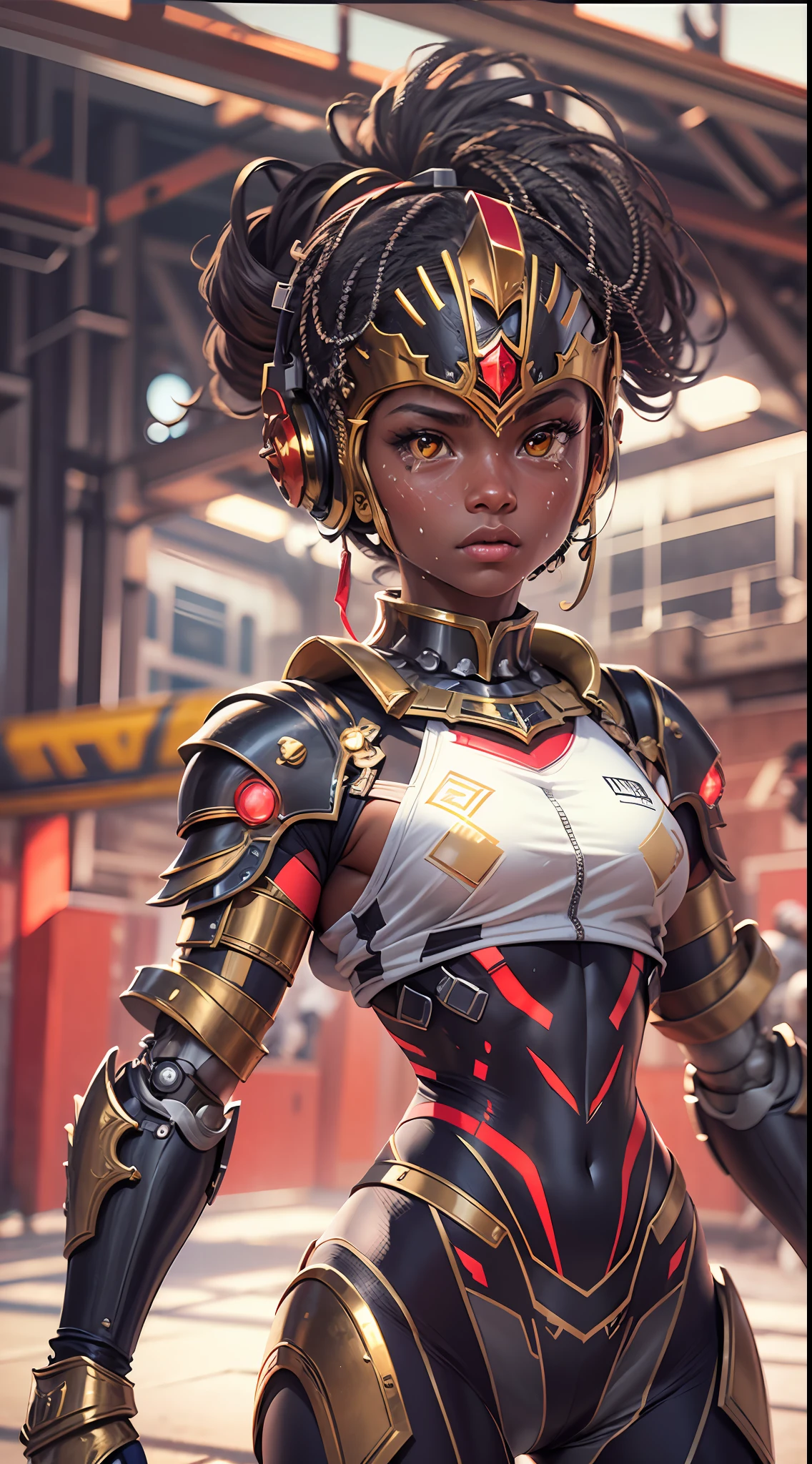 Ultra realistic, high resolution, ultra 8K, black woman, 15 years old, sweaty skin, athletic body with golden robotic armor and red color, white shorts, King's steel garments, Ultra resolution, dungeon castle, fighting pose, fighting. athletic body