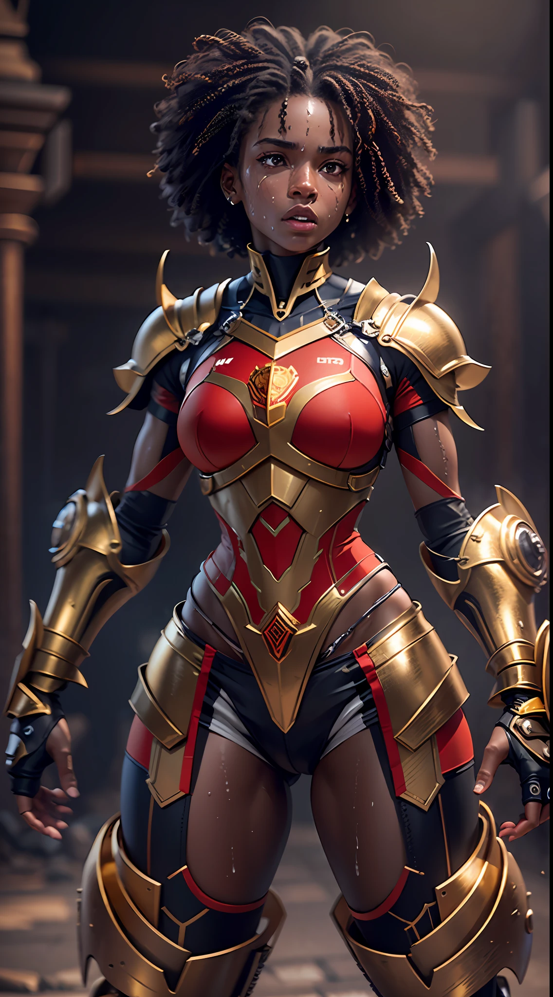 Ultra realistic, high resolution, ultra 8K, black woman, , sweaty skin, athletic body with golden robotic armor and red color, white shorts, King's steel garments, Ultra resolution, dungeon castle, fighting pose, fighting. athletic body