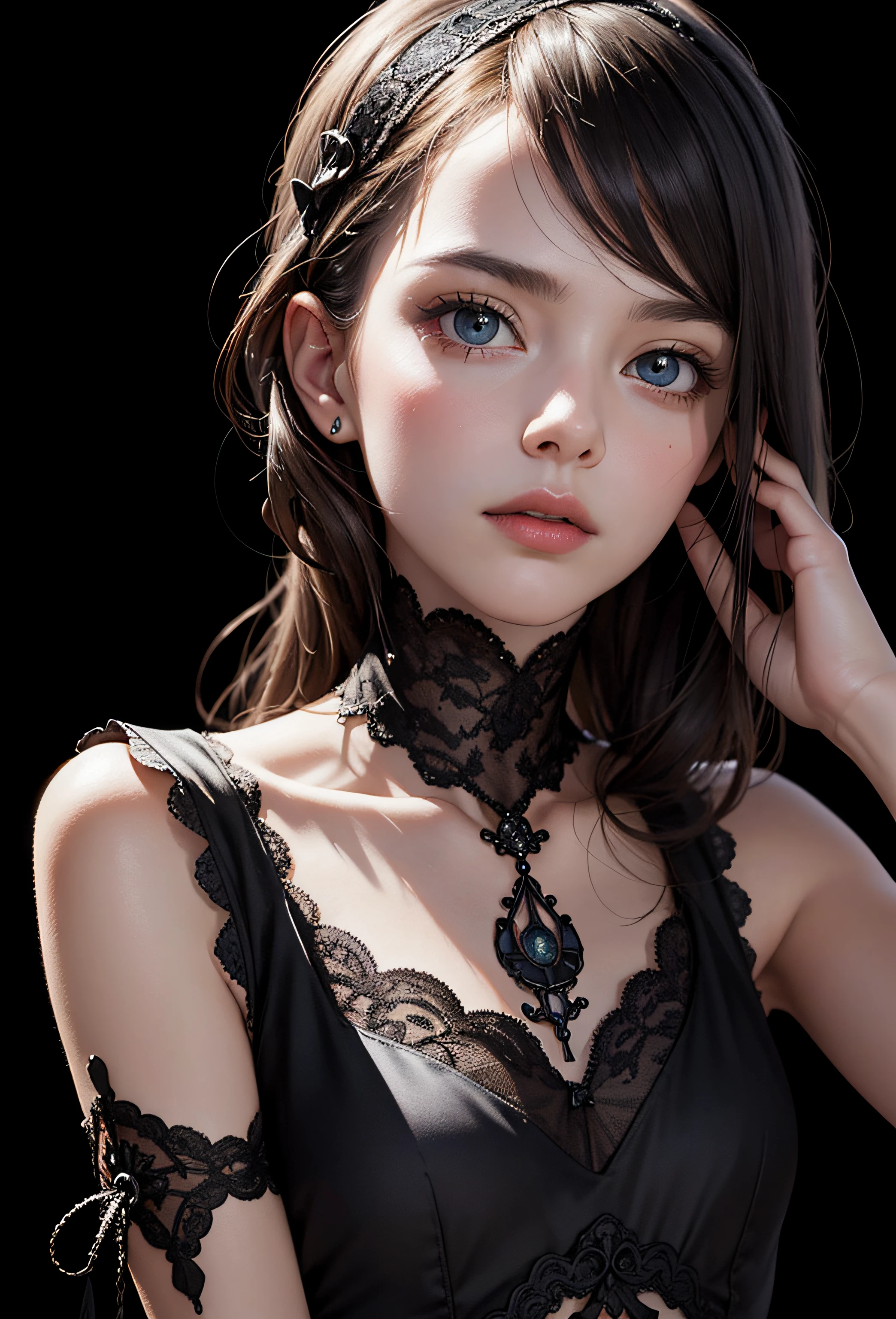 official art, Unity 8k wallpaper, super detailed, beautiful, beautiful, masterpiece, top quality, light, atmosphere, mystery, romanticism, awe, literature, art, fashion, victorian, decoration, complexity, ironwork, lace, contemplation, emotional depth, supernatural, one girl, solo, neck, small breasts