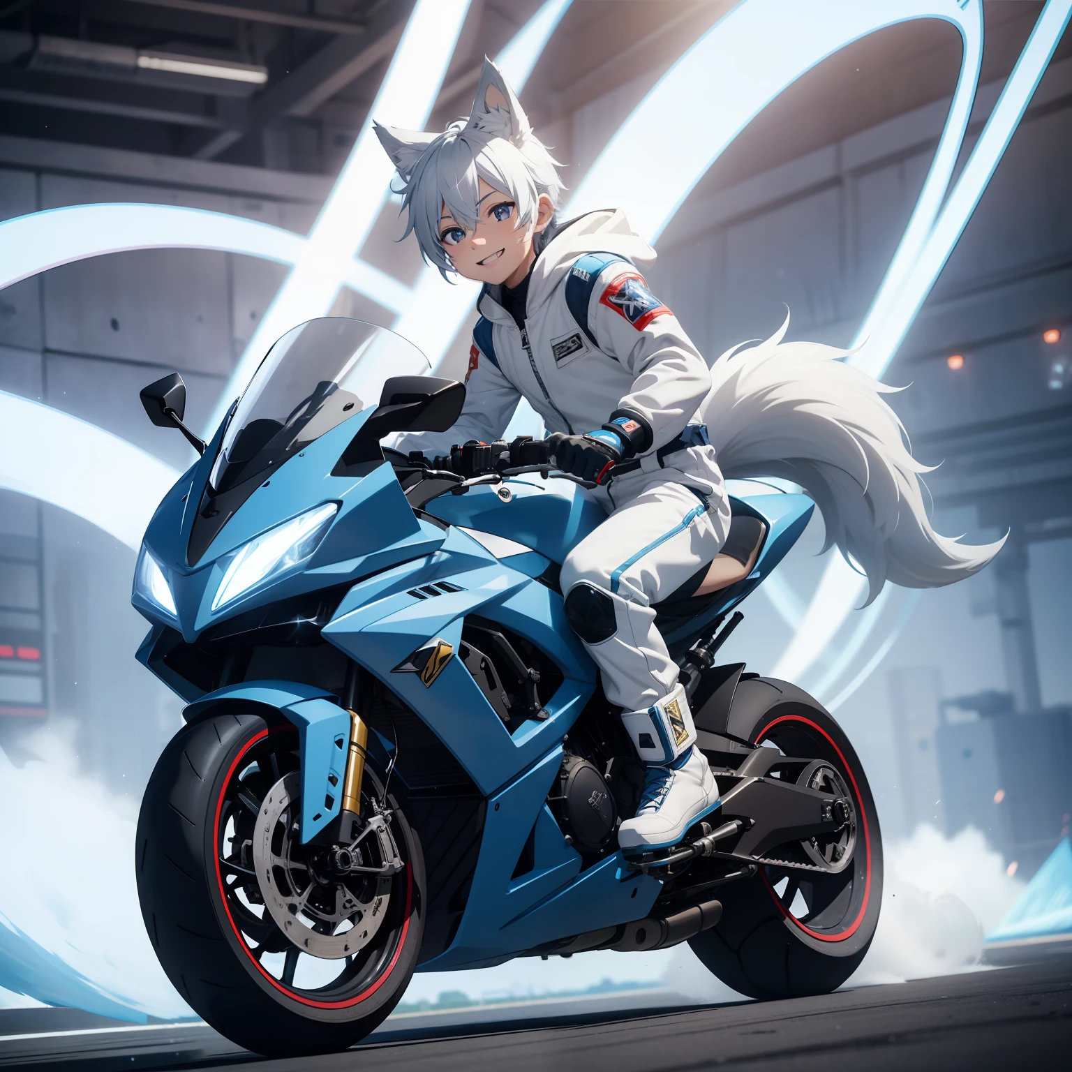 Game CG，4K quality，((younge boy))，juvenile sense，Anime male protagonist，Wolf ears，Beast tail，Toothy smile，Locomotive goggles，White-blue jumpsuit，White fingerless gloves，Blue dye，Racing boots，motorcycle，ventania，Light effects，Full body like