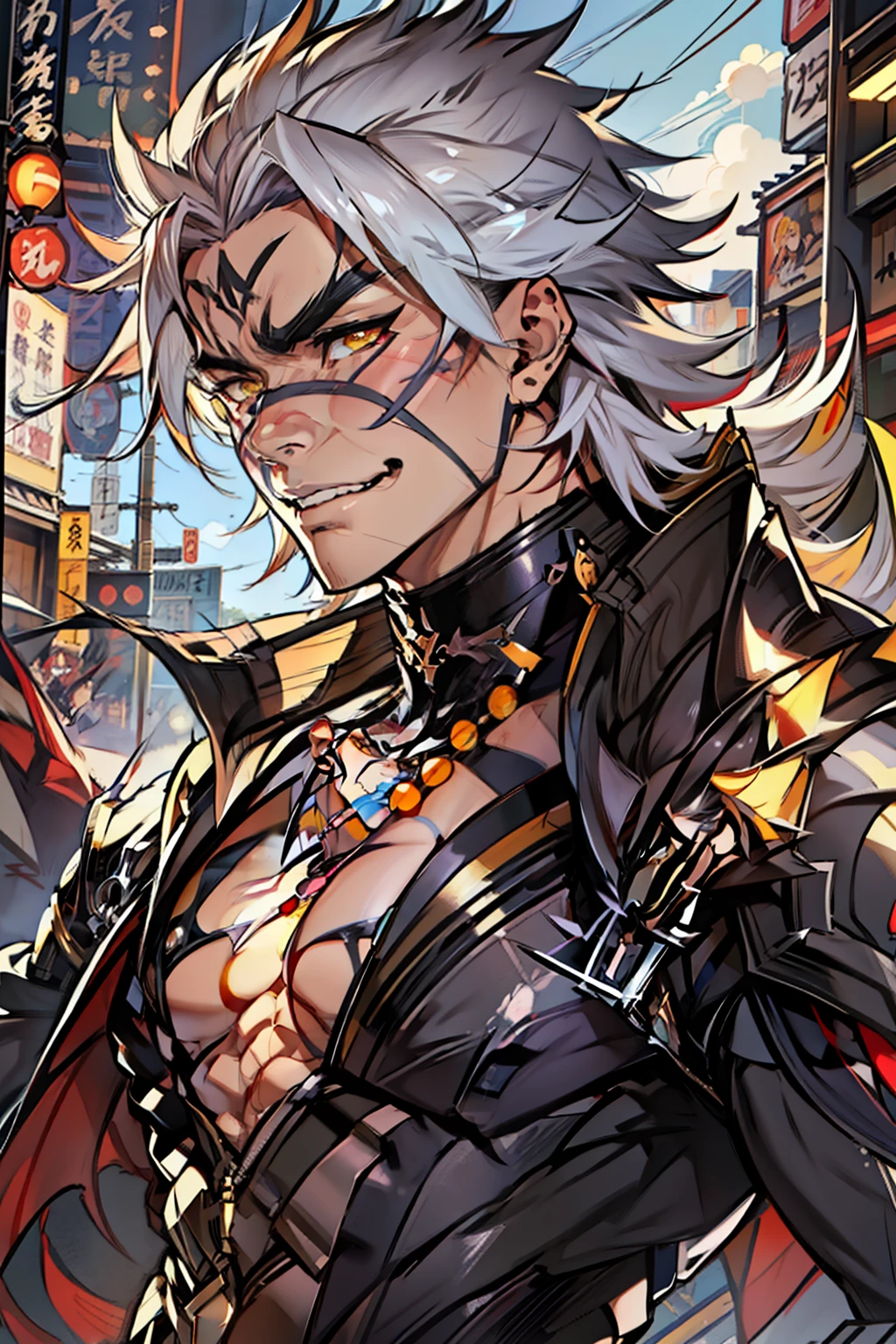 《the original god》Arataki Kazuto , male people，((Masterpiece)), ((Best quality)), Ultra detailed,((illustration)), Dynamic Angle, Detailed light, (Delicate eyes), Floating, 1boy, Male focus, Head, Clothing, Yellow eyes, necklace, tattoo, (Forehead:0.8), (ahoge:0.8), jewelry, apathy，Ray， chest muscle， Sexy , Venom symbiote for your body, Black mucus of the body , （into venom）, Venom，frontage，style of anime4 K， 4K anime wallpaper， Badass anime 8 K， 4 k comic wallpaper， young anime man， Anime boys， Anime wallpapers 4 k， Anime wallpaper 4K， High quality anime art style， Anime moe art style， Anime art wallpaper 8 K， Anime art wallpaper 4 K， RGB lighting