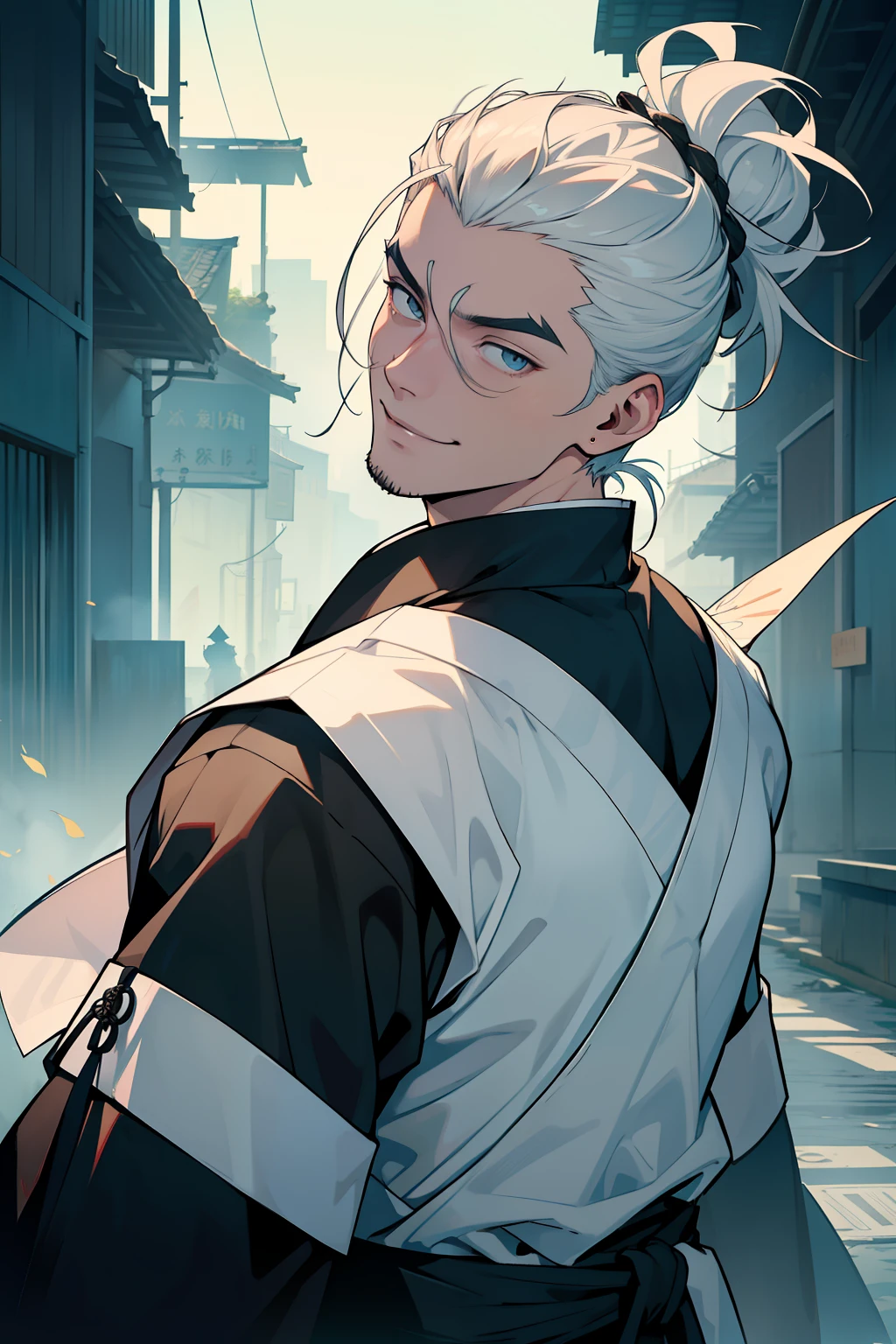 ((melhor qualidade)), ((obra-prima)), (altamente detalhado:1.3) man I look like the suguro geto (jujutsu no kaisen) cabelos negros compridos, usando um quimono de monge japones segurando um cetro de monge flutuando em um yokai olho gigante em meio um templo abandonado, Pale and handsome man with a grim smile on his face, brincos dourados, ohmem cruel, long hair thrown back in a bun