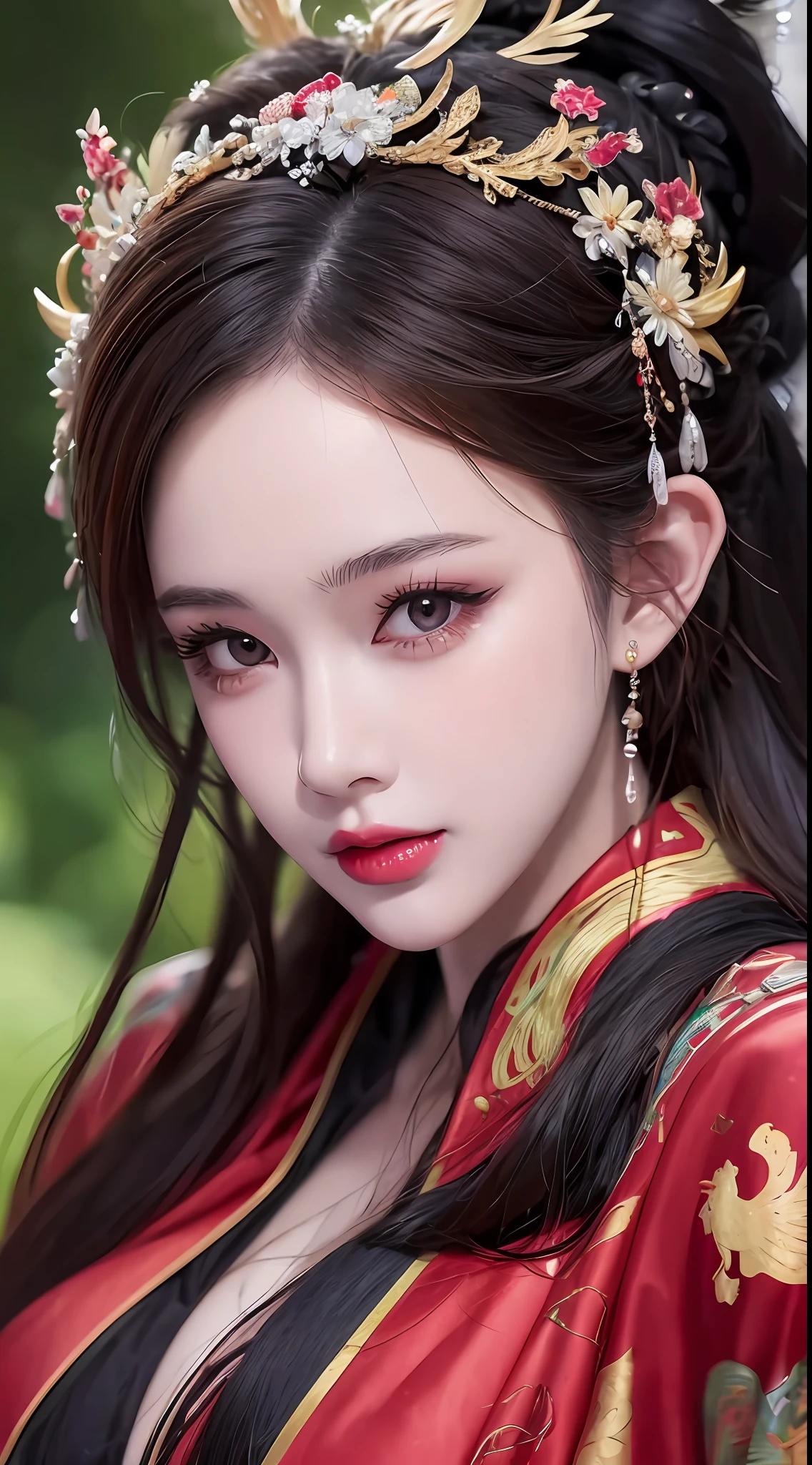 1 beautiful devil woman from hell, In the Dark: 1.6), surreal female portrait by David Hockney and Alphonse Mucha, fantasy art, Chinese super cute doll, photorealism, dynamic lighting, artstation, volumetric lighting, very detailed faces, 8k ultra, Awarded, in the dark, deep shadow, low key, cowboy lens, (Red phoenix dress: 1.4), long hair, black hair, bust, luxurious palace, Royal style, devil crown, red eyes make up very sharp and detailed, The most beautiful face, The breasts are very big and round and round, Super realistic, chinese women's clothing, polo neck sweater, Charming smile, The eyes are very well made up, eye bags under wet makeup, guweiz, devil style, wearing black mesh socks, Ponytail with a bow tied at the back of the hair, red lipstick, wearing a thin red and black robe, Hands pull the straps to reveal sexy breasts, the landscape is overcast and thunderous, (upper body portrait), Close-up of the main character, (Background details 1.8),HDR, UHD, 8kquality, detailed pixel, super realistic, depth camera, width camera, super quality, super real