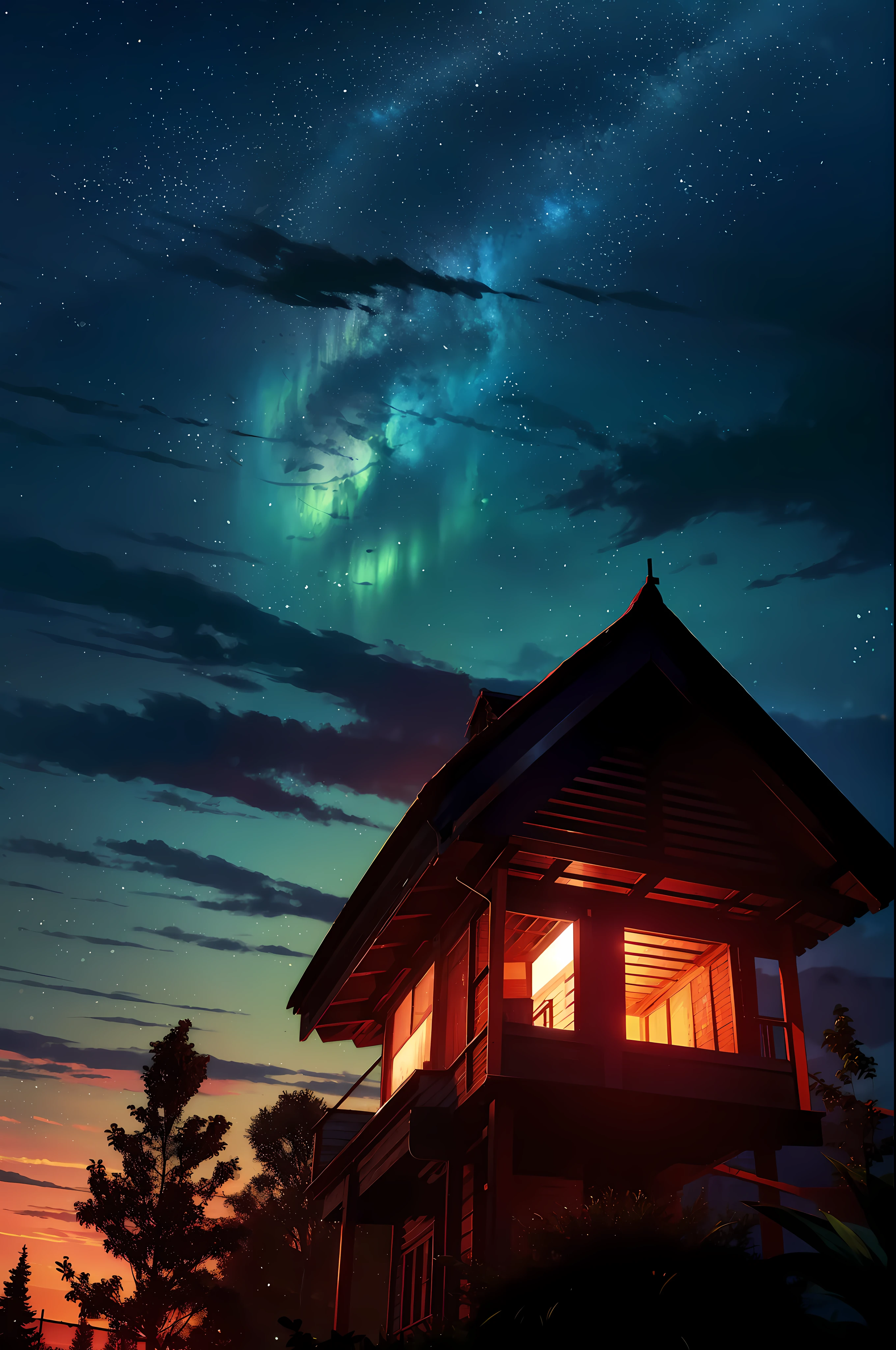 um campo aberto com grama alta. No centro do campo, Draw a majestic tree with extended branches. In the night sky, desenhe uma lua grande e brilhante. Fill the sky with several twinkling stars, espalhando-os aleatoriamente. Para adicionar um toque extra, You can add a small picturesque hut next to the tree, with smoke billowing from the chimney and lights on inside