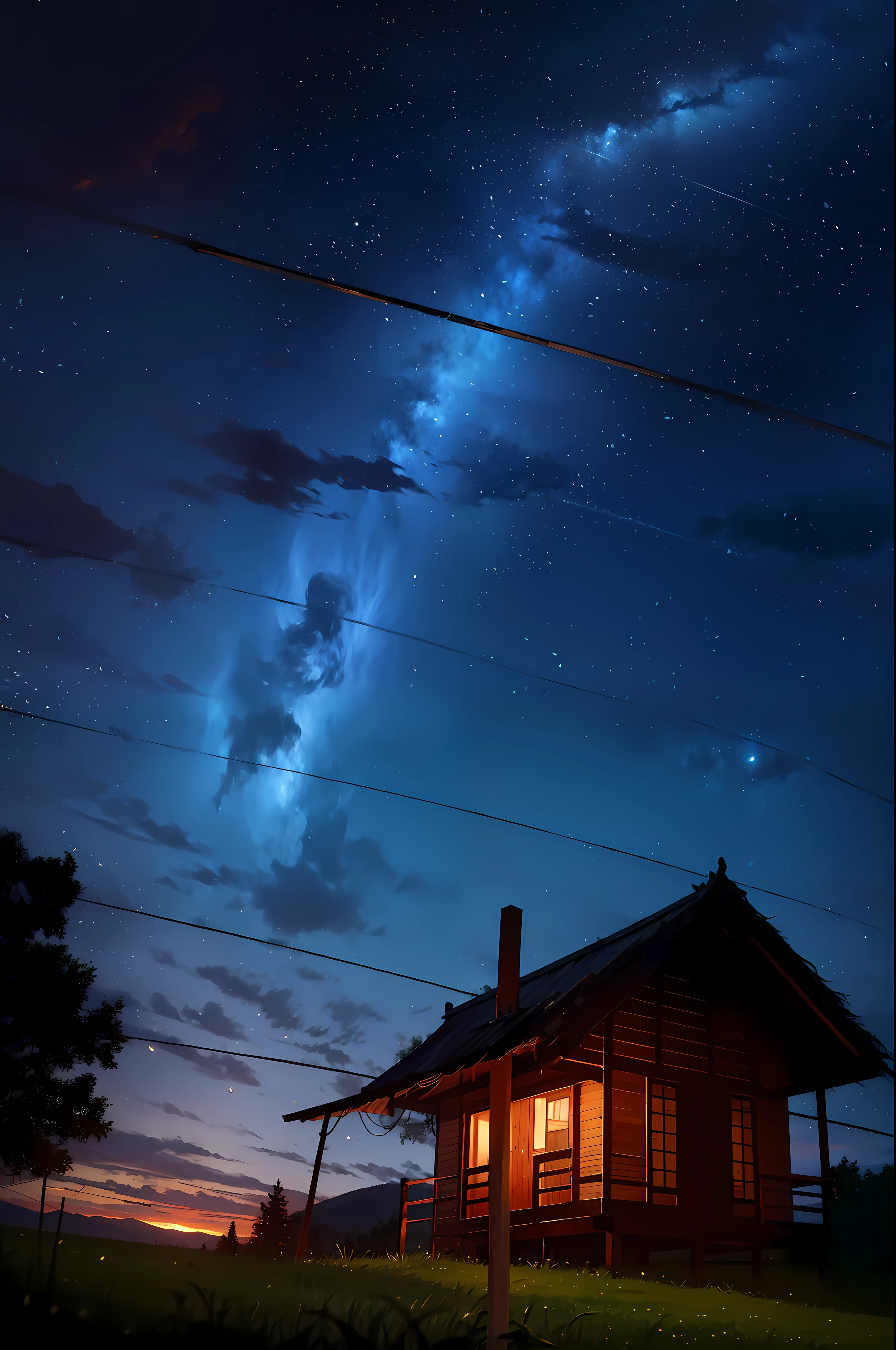 um campo aberto com grama alta. No centro do campo, Draw a majestic tree with extended branches. In the night sky, desenhe uma lua grande e brilhante. Fill the sky with several twinkling stars, espalhando-os aleatoriamente. Para adicionar um toque extra, You can add a small picturesque hut next to the tree, with smoke billowing from the chimney and lights on inside
