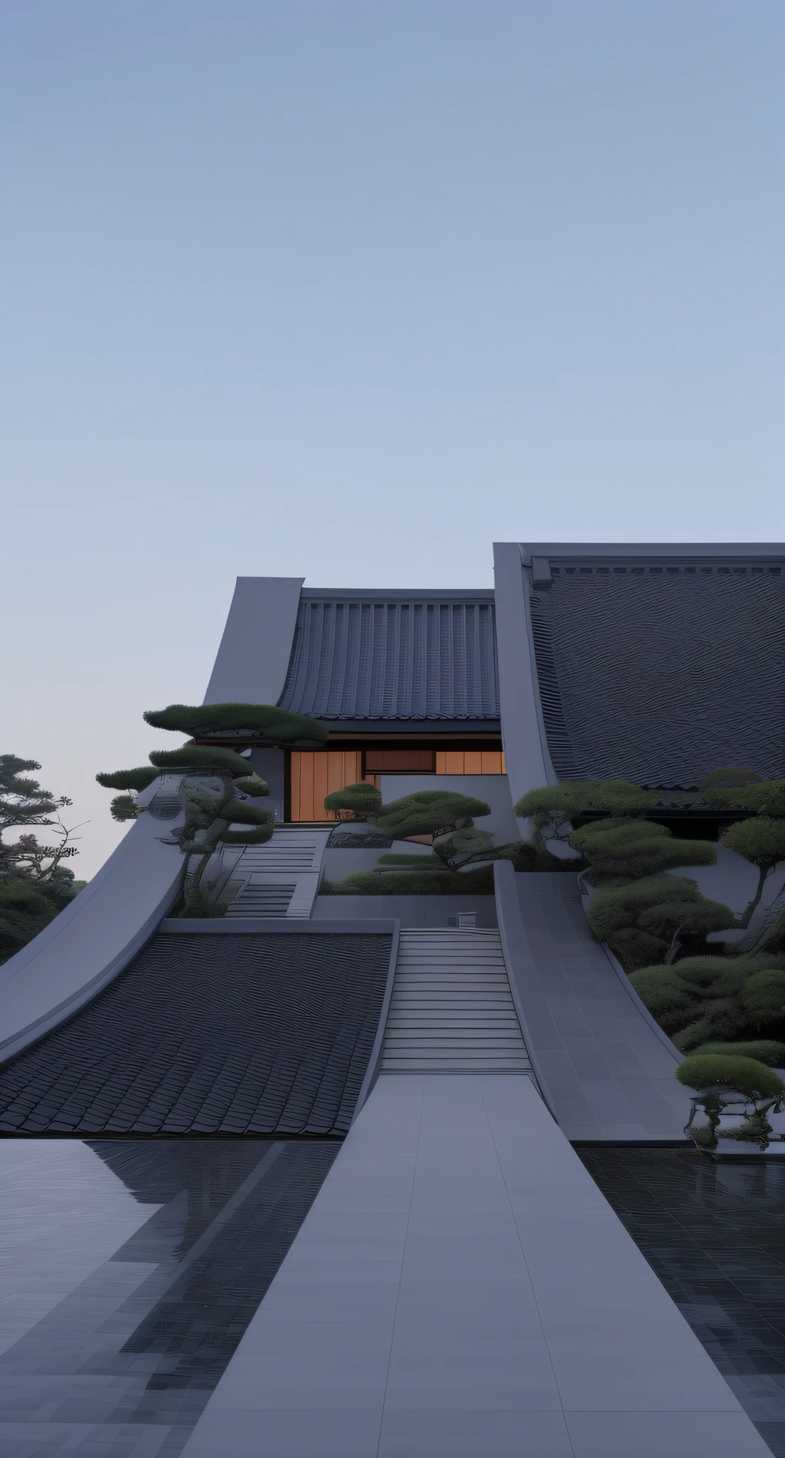 Aalfid view of a house，There is a long walkway leading to the pool, Japanese style houses, Japanese architecture, flared japanese black tile roof, arhitectural shot, museum masterpiece, arhitectural shot, beautiful aesthetic design