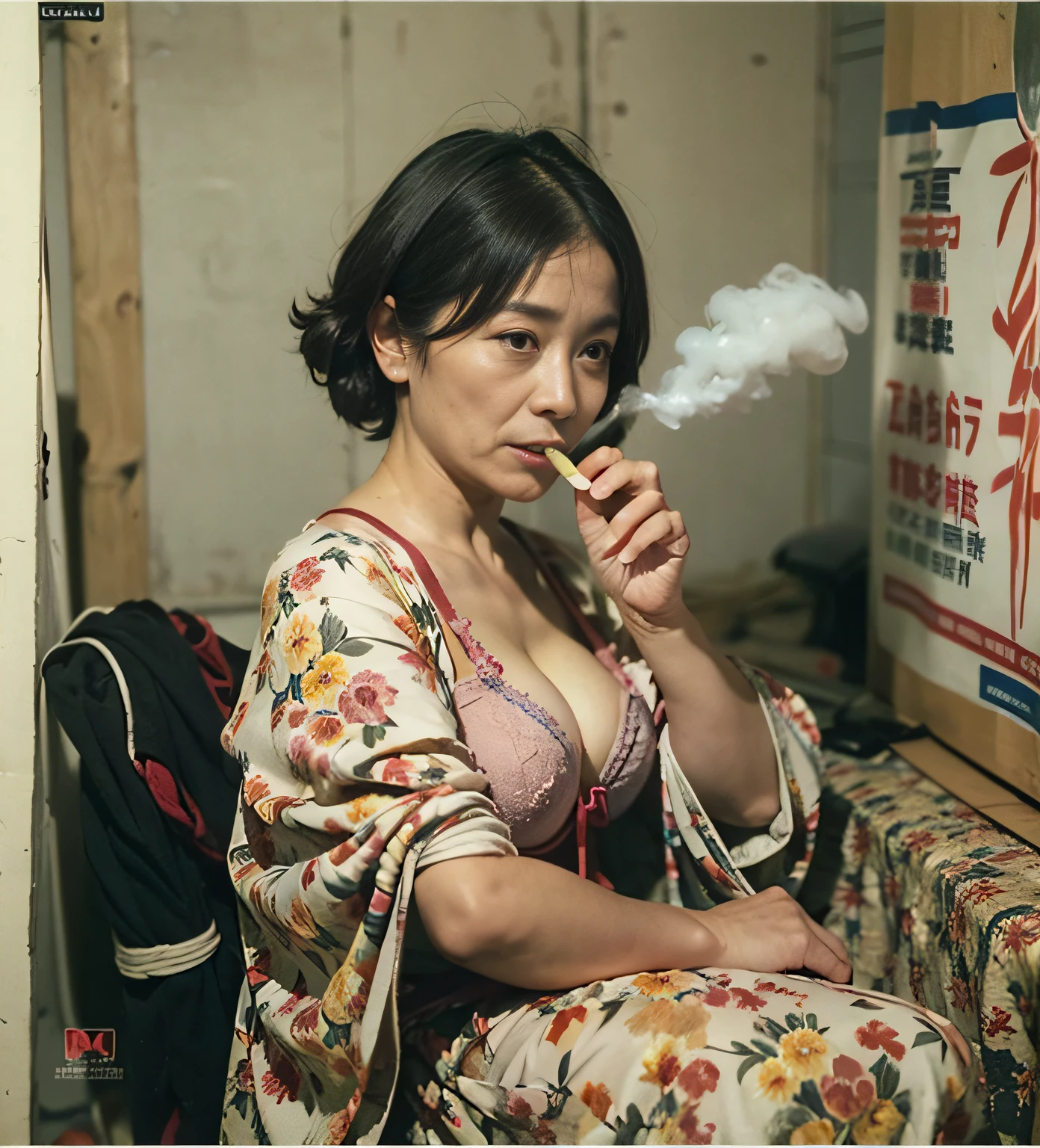 ((top-quality、8K分辨率、Master masterpiece、Portrait:1.3)), Photorealsitic, 35㎜ film, 1 Japan Woman, Beautie, 47 years old, Shorthair, Wrinkles at the corners of the eyes, Plump body, ((bra very :1.5)) , (smoking tobacco: 1.3), Jumbled background, dark backgrounds, Messy room, Game Posters, fumo, tobacco