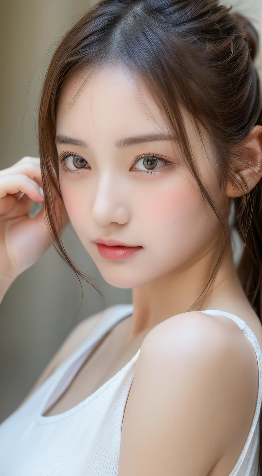 ((Best quality, 8k, Masterpiece :1.3)), 1girl, Pretty woman with emphasizing slender abs :1.3, (random hairstyles :1.2), Oversized tank top :1.2, Ultra-detailed face, Detailed eyes, Double eyelid, armpit