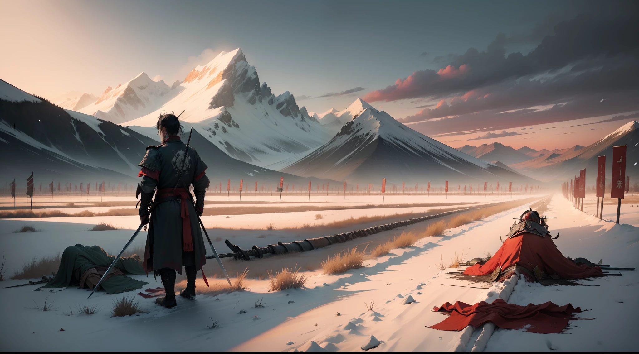 Thousands of dead zombies have fallen on the ground, and there are many swords and corpses on the ground
A samurai stands towards us in the midst of thousands of war dead
who has two swords in his hands
It is afternoon and the sun is setting
There are red and green clouds in the sky
There are snowy mountains in the distance