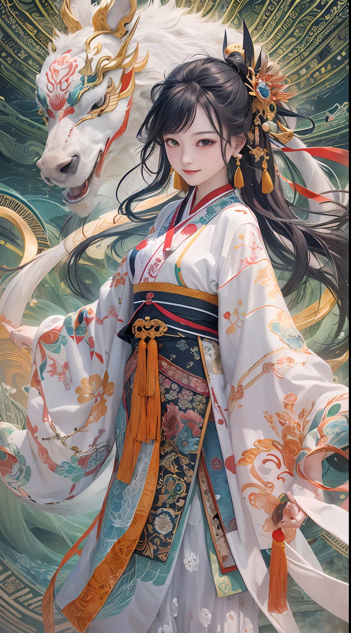 Official Art, Unified 8K Wallpapers, Ultra Detailed, Beautiful and Aesthetic, Masterpiece, Best Quality, (Zentangle, Tangle, Entangle), (fractal art: 1.4), 1girl, black hair, Chinese, bare shoulders, short skirt, calf, navel, very detailed, dynamic angle, cowboyshot, (most beautiful form chaos), flowing, (bright colors), oc, (half: 1.2), china, (thangka flying sky: 1.5), (ribbon: 1.3), (dream: 1.5), (hanfu: 1.5), Chinese dragon, Chinese phoenix, (smile: 0.5), (Chinese deity),