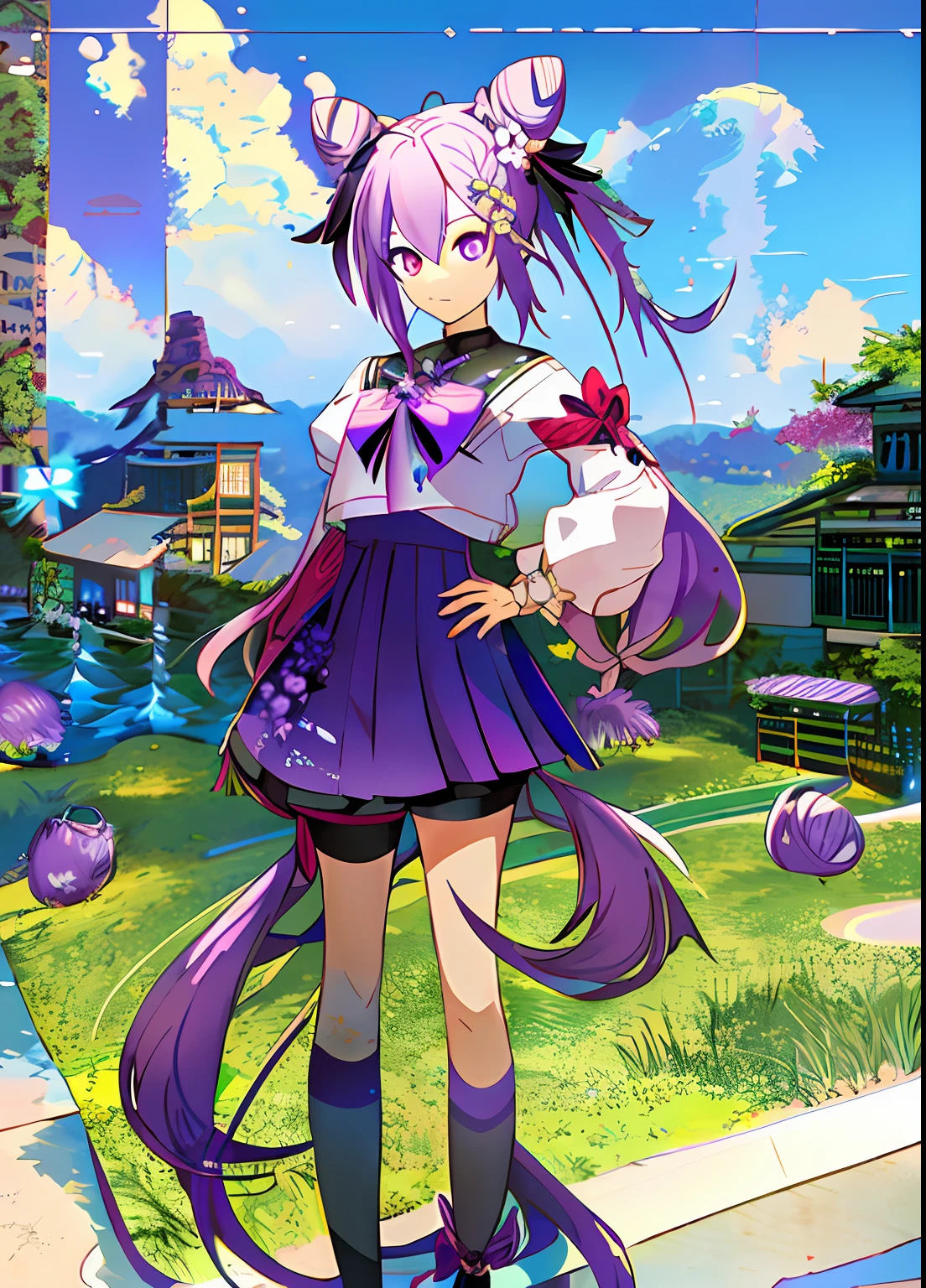 1girll, standing, view the viewer, hands on hips
keqing (Genshin Impact), hair-bun, Purple hair, double tails, Purple eyes, Diamond-shaped pupils, hair adornments, cone hair bun, Long hair, double bun hair, bangs, bow, hair flower, Hair accessories hair bye, hair ribbon
oversize tshirt, Shorts,
