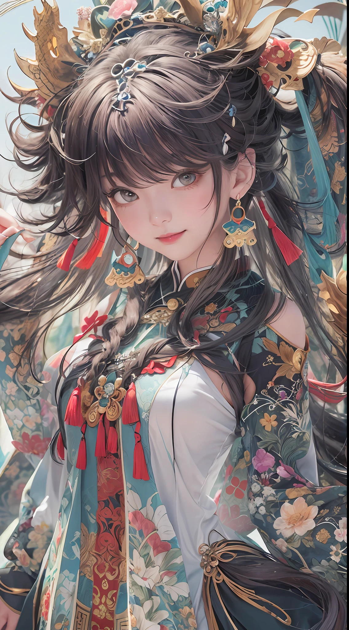 Official Art, Unified 8K Wallpapers, Ultra Detailed, Beautiful and Aesthetic, Masterpiece, Best Quality, (Zentangle, Tangle, Entangle), (fractal art: 1.4), 1girl, black hair, Chinese, bare shoulders, short skirt, calf, navel, very detailed, dynamic angle, cowboyshot, (most beautiful form chaos), flowing, (bright colors), oc, (half: 1.2), china, (thangka flying sky: 1.5), (ribbon: 1.3), (dream: 1.5), (hanfu: 1.5), Chinese dragon, Chinese phoenix, (smile: 0.5), (Chinese deity),