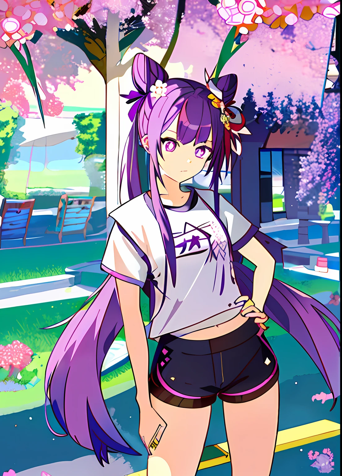 1girll, standing, view the viewer, hands on hips
keqing (Genshin Impact), hair-bun, Purple hair, double tails, Purple eyes, Diamond-shaped pupils, hair adornments, cone hair bun, Long hair, double bun hair, bangs, bow, hair flower, Hair accessories hair bye, hair ribbon
oversize tshirt, Shorts,