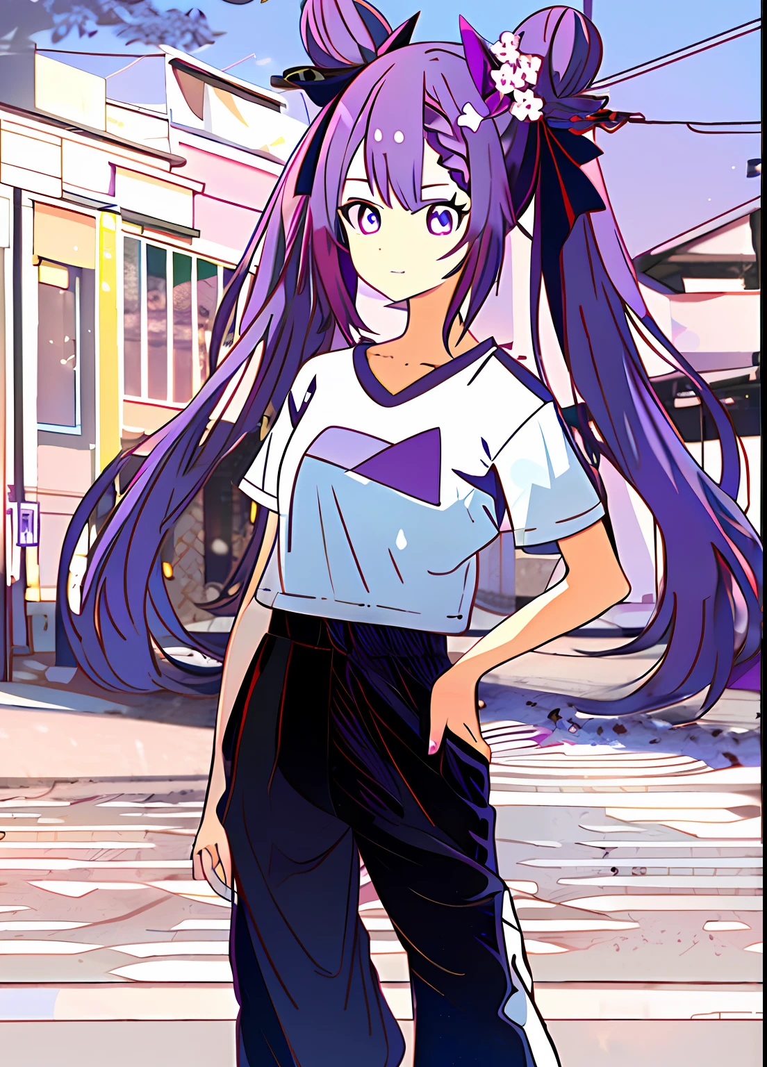 1girll, standing, view the viewer, hands on hips
keqing (Genshin Impact), hair-bun, Purple hair, double tails, Purple eyes, Diamond-shaped pupils, hair adornments, cone hair bun, Long hair, double bun hair, bangs, bow, hair flower, Hair accessories hair bye, hair ribbon
oversize tshirt, Shorts,