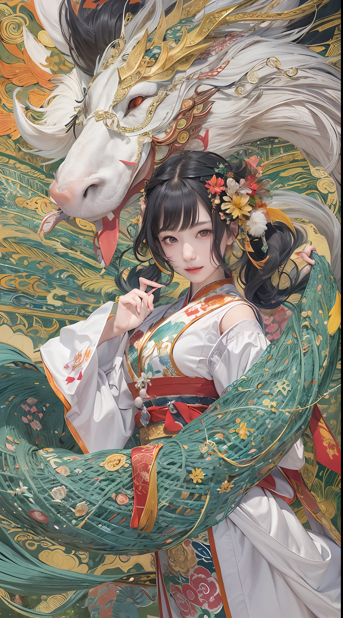 Official Art, Unified 8K Wallpapers, Ultra Detailed, Beautiful and Aesthetic, Masterpiece, Best Quality, (Zentangle, Tangle, Entangle), (fractal art: 1.4), 1girl, black hair, Chinese, bare shoulders, short skirt, calf, navel, very detailed, dynamic angle, cowboyshot, (most beautiful form chaos), flowing, (bright colors), oc, (half: 1.2), china, (thangka flying sky: 1.5), (ribbon: 1.3), (dream: 1.5), (hanfu: 1.5), Chinese dragon, Chinese phoenix, (smile: 0.5), (Chinese deity),