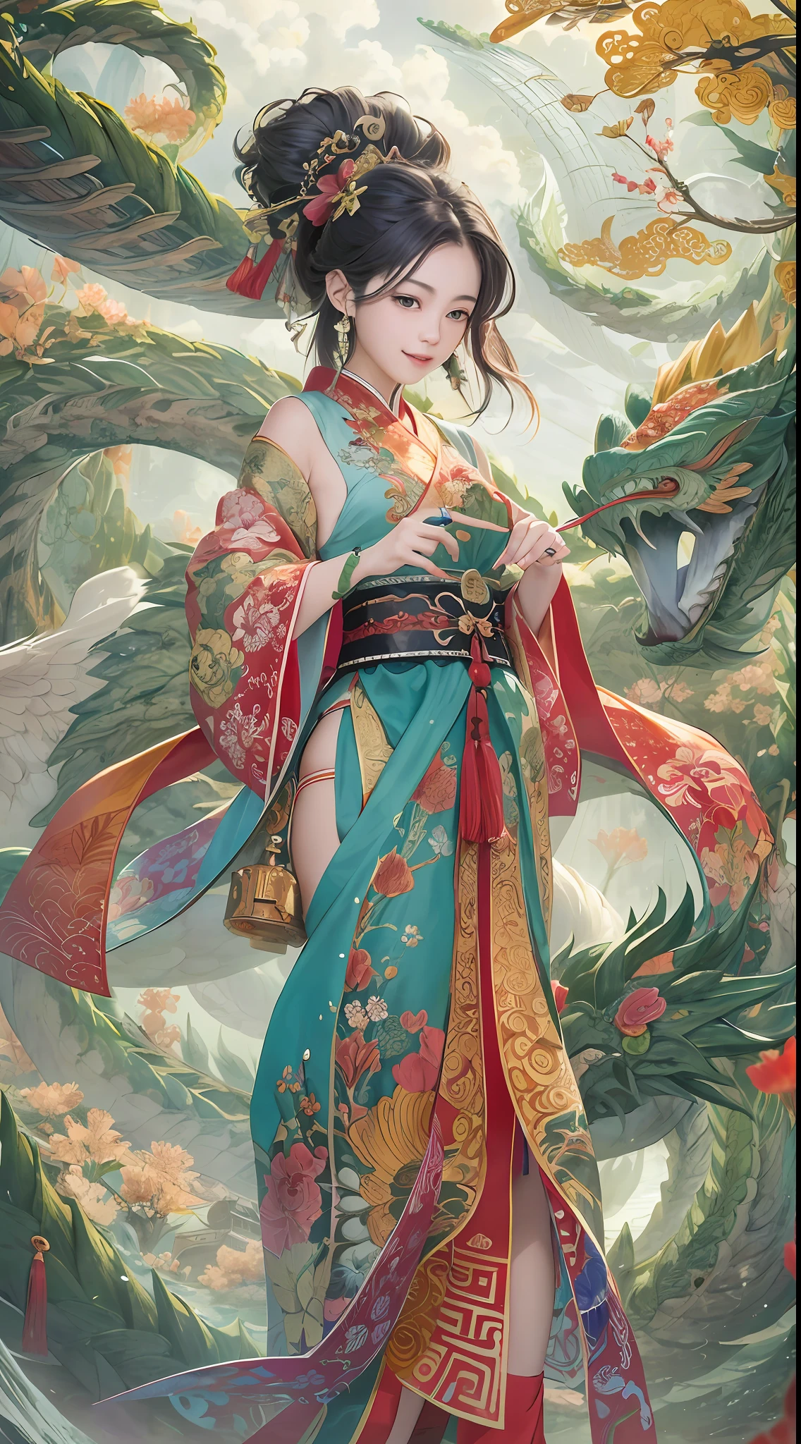 Official Art, Unified 8K Wallpapers, Ultra Detailed, Beautiful and Aesthetic, Masterpiece, Best Quality, (Zentangle, Tangle, Entangle), (fractal art: 1.4), 1girl, black hair, Chinese, bare shoulders, short skirt, calf, navel, very detailed, dynamic angle, cowboyshot, (most beautiful form chaos), flowing, (bright colors), oc, (half: 1.2), china, (thangka flying sky: 1.5), (ribbon: 1.3), (dream: 1.5), (hanfu: 1.5), Chinese dragon, Chinese phoenix, (smile: 0.5), (Chinese deity),