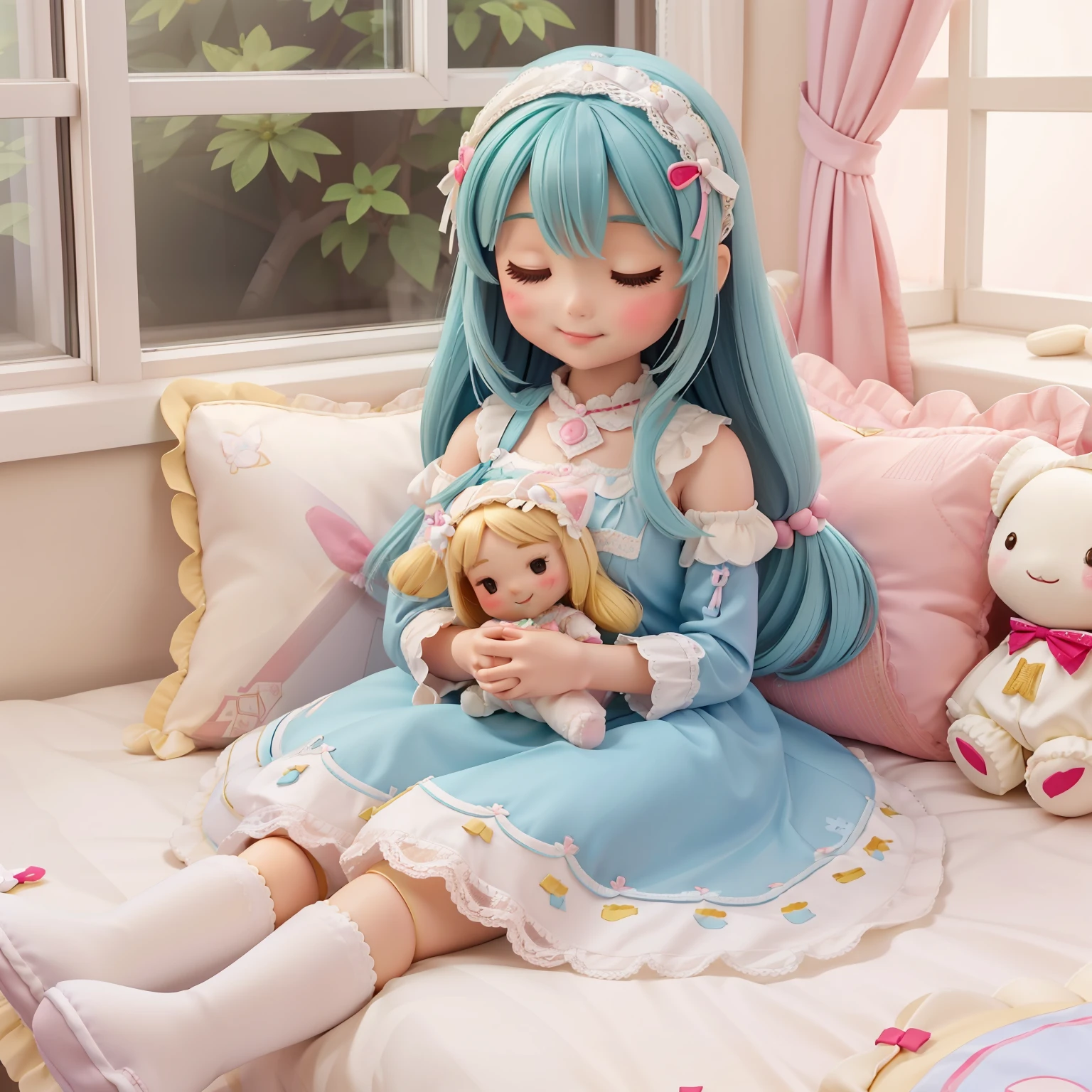 several dolls are sitting on a bed with pillows and plushies, dolls on a bed, spring setting, on a serene day, smiles, window, beautiful spring day, dolls looking beautiful, shot with canon eoa 6 d mark ii, looking beautiful, shutterstock, pretty with nice dresses, toy commercial 4 k, warm and happy atmosphere, dolls, 8 0 0 mm