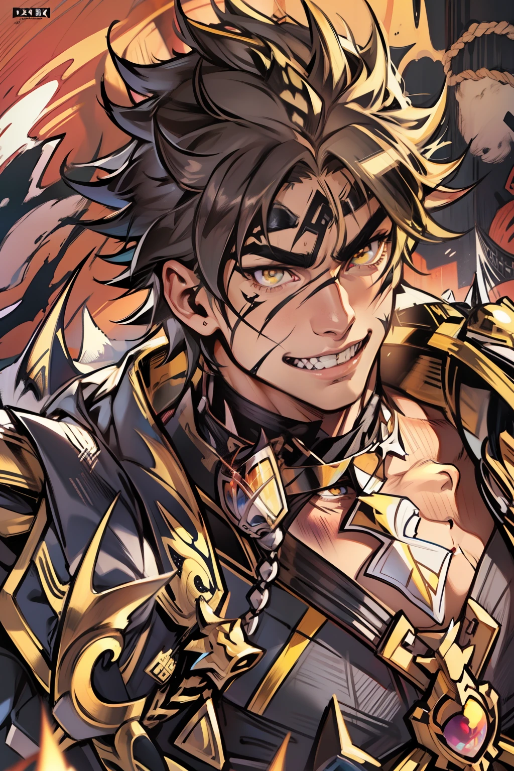《the original god》Arataki Kazuto , male people，，((Masterpiece)), ((Best quality)), Ultra detailed,((illustration)), Dynamic Angle, Detailed light, (Delicate eyes), Floating, 1boy, Male focus, Head, Clothing, Yellow eyes, necklace, tattoo, (Forehead:0.8), (ahoge:0.8), jewelry, apathy，Ray， chest muscle， Sexy , Venom symbiote for your body, Black mucus of the body , （into venom）, Venom，frontage，style of anime4 K， 4K anime wallpaper， Badass anime 8 K， 4 k comic wallpaper， young anime man， Anime boys， Anime wallpapers 4 k， Anime wallpaper 4K， High quality anime art style， Anime moe art style， Anime art wallpaper 8 K， Anime art wallpaper 4 K， RGB lighting