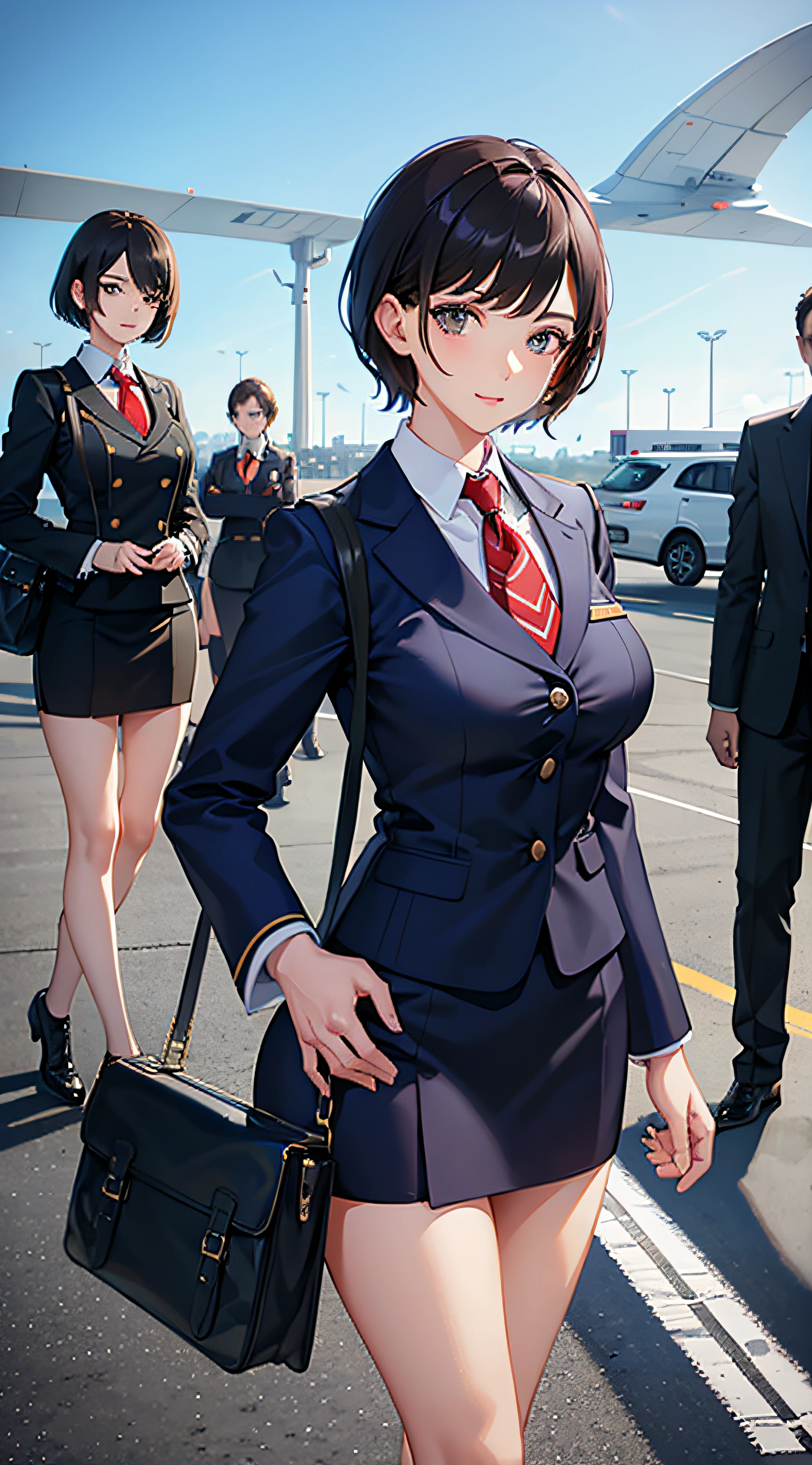 an air hostess, short hair, extra bust, standing formal pose, airport backdrop, plane, 2 pm sky, more details