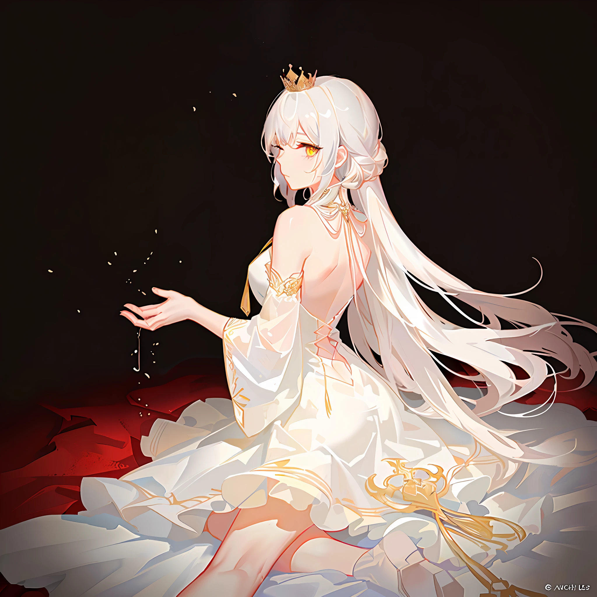 (Masterpiece:1.2), best quality, (illustration:1.2), (ultra-detailed), hyper details, (delicate detailed), (intricate details), (cinematic light, best quality Backlights), clear line, from below, soloist, perfect body, (1girl), white hair and yellow eyes, (emperor, black see-through clothes), (crown: 1.1), sitting on the throne, eyes slightly closed, head down, (shy: 1.2 ), (makeup), high contrast, (best illumination, an extremely create and beautiful), (cinematic light), colorful,