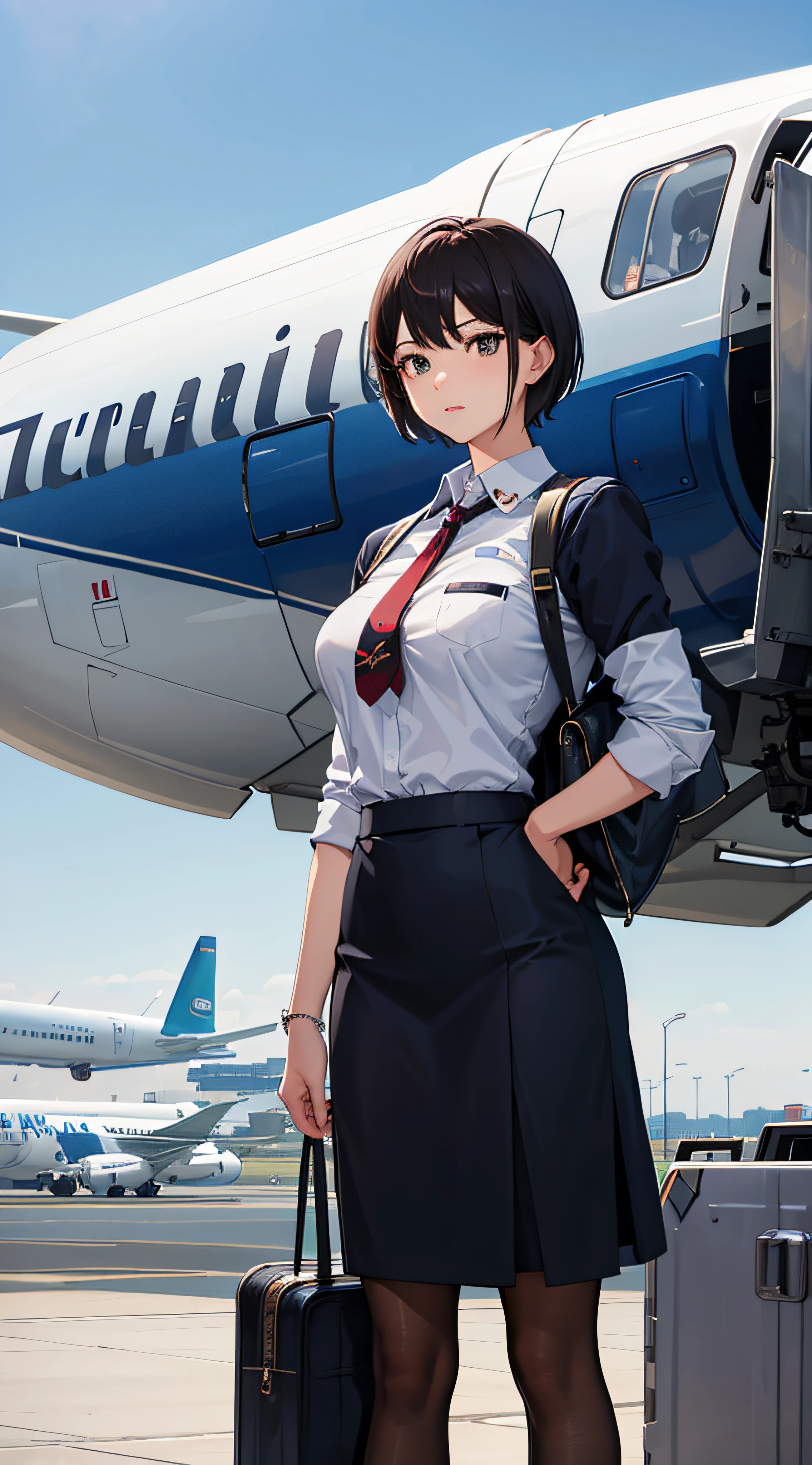 an air hostess, short hair, extra bust, standing formal pose, airport backdrop, plane, 2 pm sky, more details