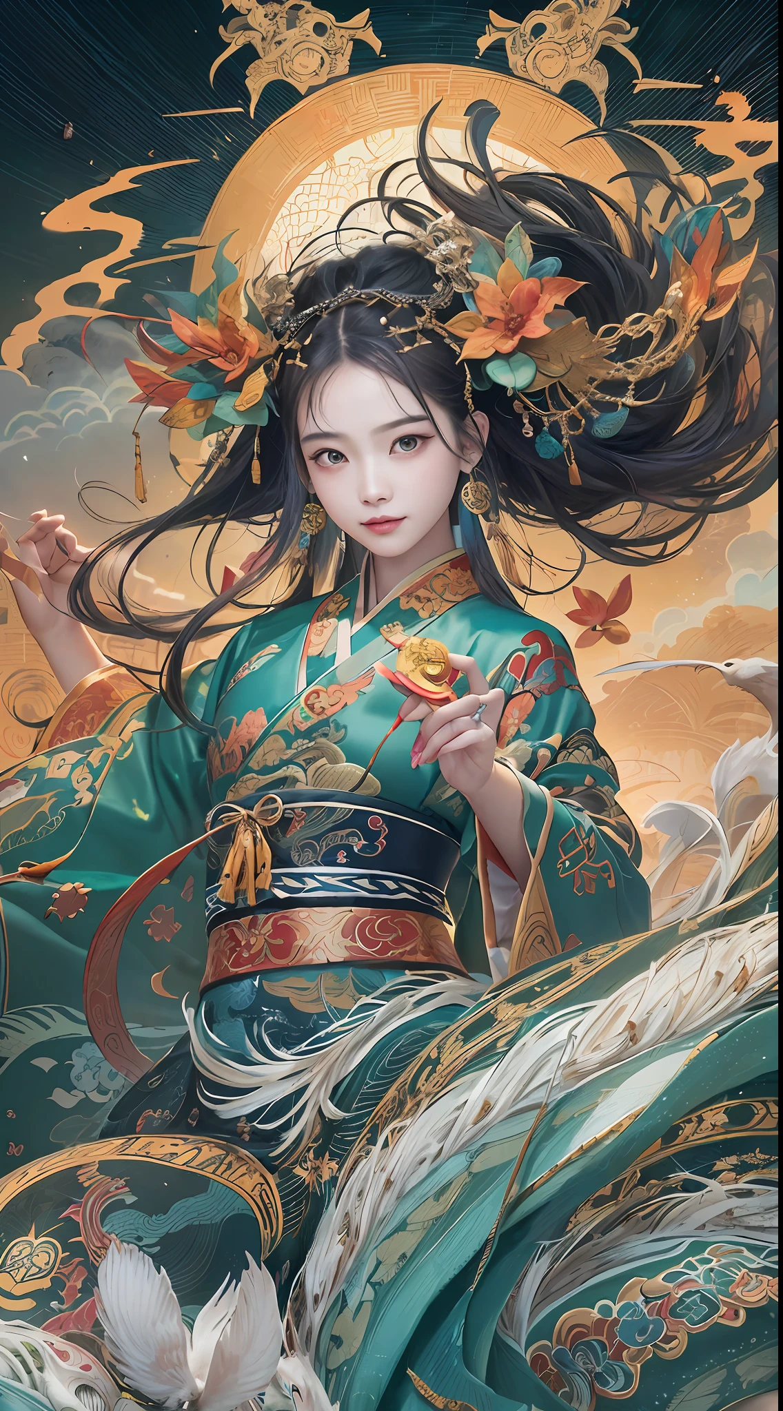 Official Art, Unified 8K Wallpapers, Ultra Detailed, Beautiful and Aesthetic, Masterpiece, Best Quality, (Zentangle, Tangle, Entangle), (fractal art: 1.4), 1girl, black hair, Chinese, bare shoulders, short skirt, calf, navel, very detailed, dynamic angle, cowboyshot, (most beautiful form chaos), flowing, (bright colors), oc, (half: 1.2), china, (thangka flying sky: 1.5), (ribbon: 1.3), (dream: 1.5), (hanfu: 1.5), Chinese dragon, Chinese phoenix, (smile: 0.5), (Chinese deity),