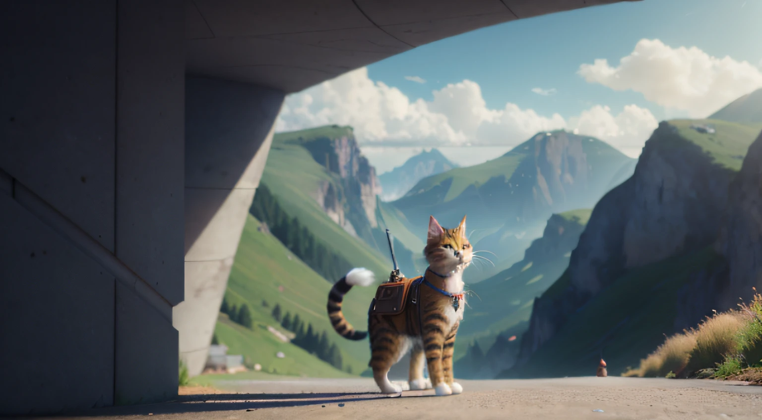 There was a cat walking on a leash, fantasy style 8 k octane render, adventure hyper realistic render, fantasy matte painting,Cute, 3 d render and matte painting, 3d rendered matte painting, trending on artstation 4k, Cinematic 3D rendering, detailed cinematic rendering, Guibli. rendering by octane, (rendering by octane) Fantasy style