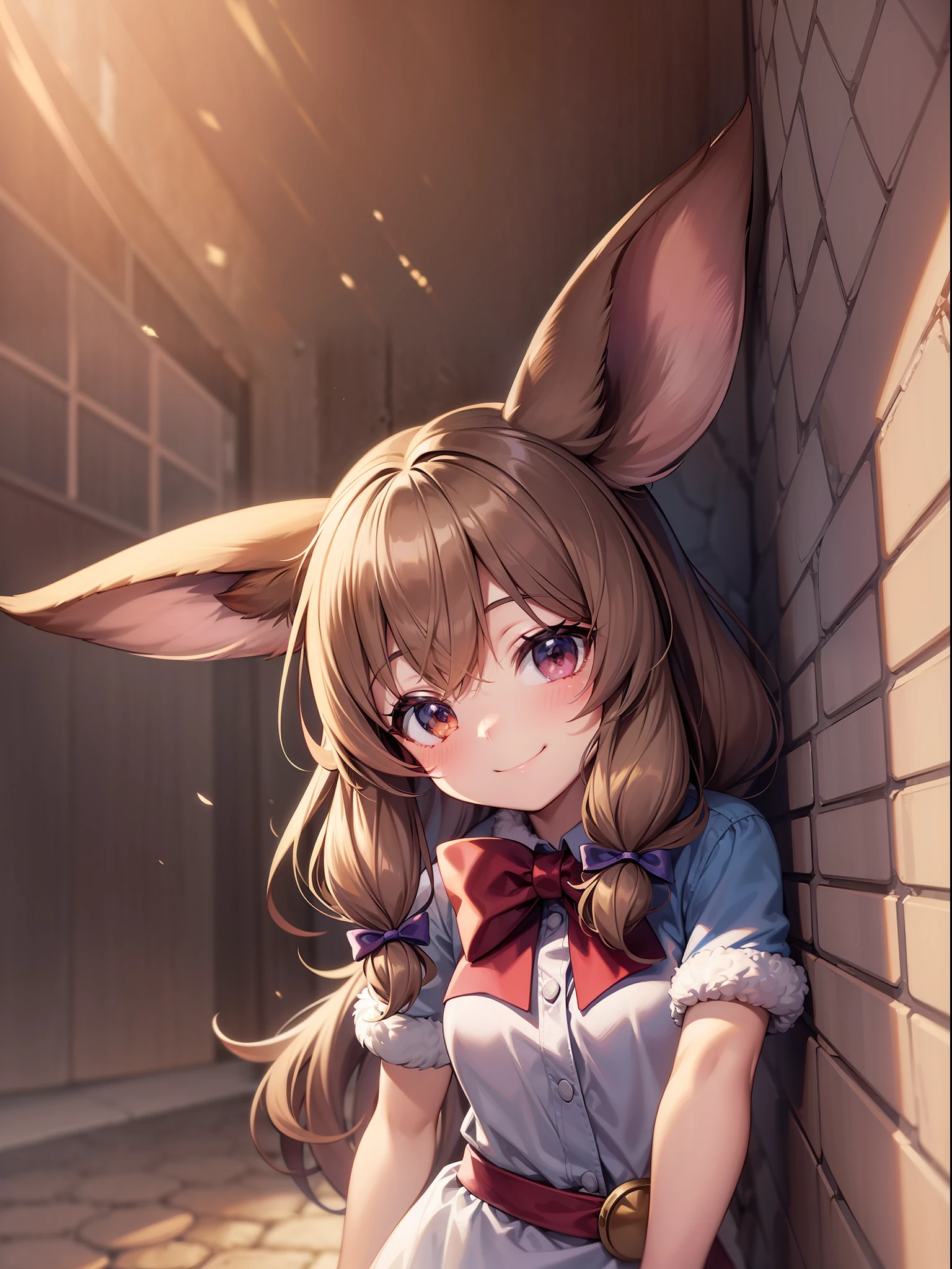 pokekid, eevee, fluffy girl, furry girl, female, smile, smiling, has a big pretty bow in her hair, has animal paws for hands, 1girl, best quality, outdoors, high definition, cute, cum, deep throat, stuck in wall