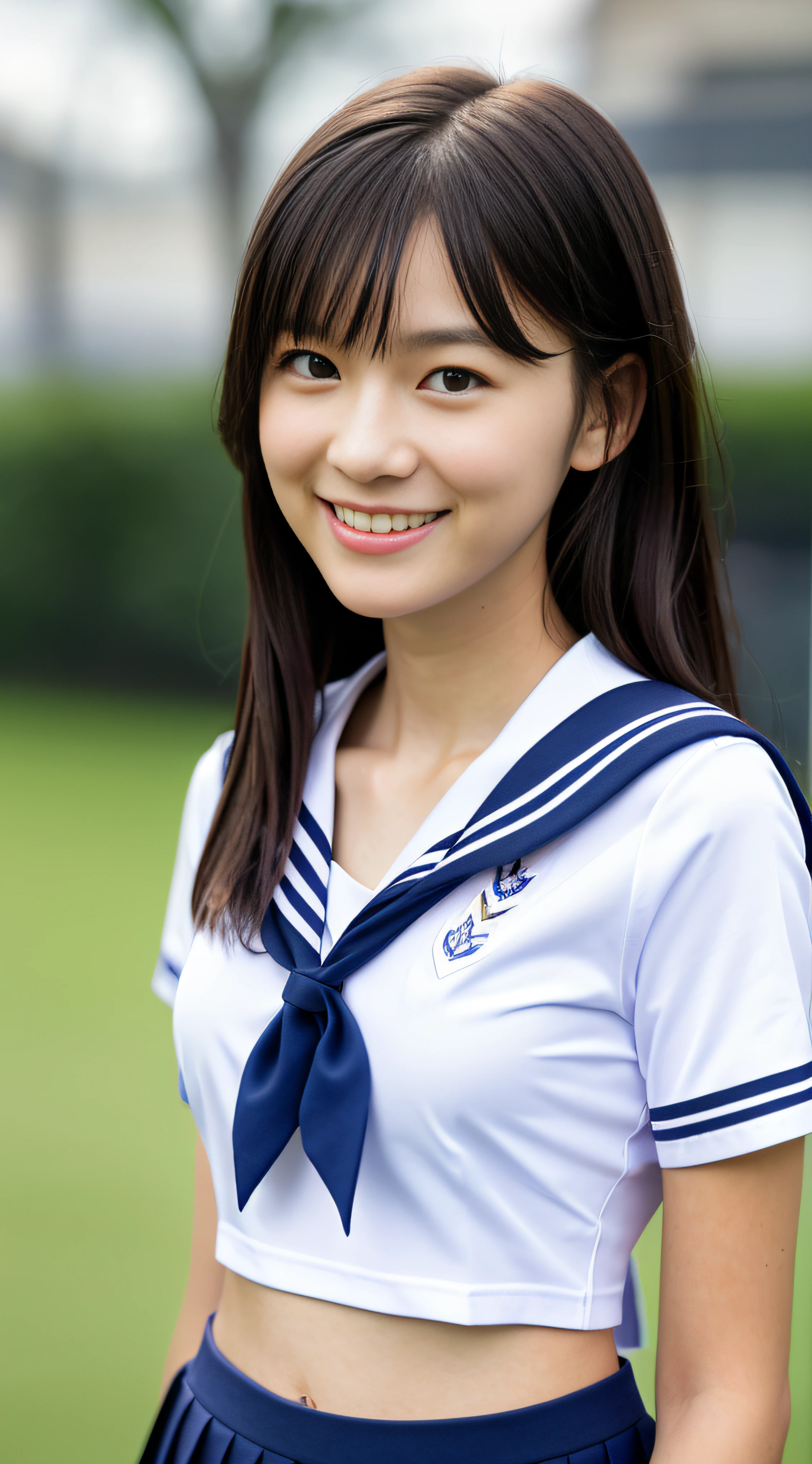 neat college girl, (school uniform, sailor uniform, ribbon tied at chest, summer clothes, upper body white, skirt dark blue, short sleeves), outside the athletic field, (slim), photorealistic, detail, skin texture, ultra detail, delicate and sexy collarbone, smile, super detailed face, detailed lips, detailed eyes, double eyelids, small breasts, small breasts, small, flat breasts, breast emphasis