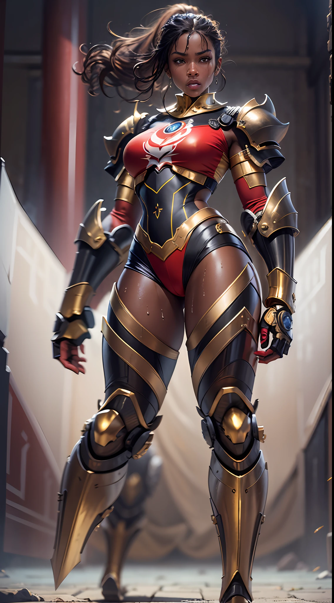 Ultra realistic, high resolution, ultra 8K, black woman, 25 years old, sweaty skin, athletic body with golden robotic armor and red color, white shorts, King's steel garments, Ultra resolution, dungeon castle, fighting pose, fighting. athletic body