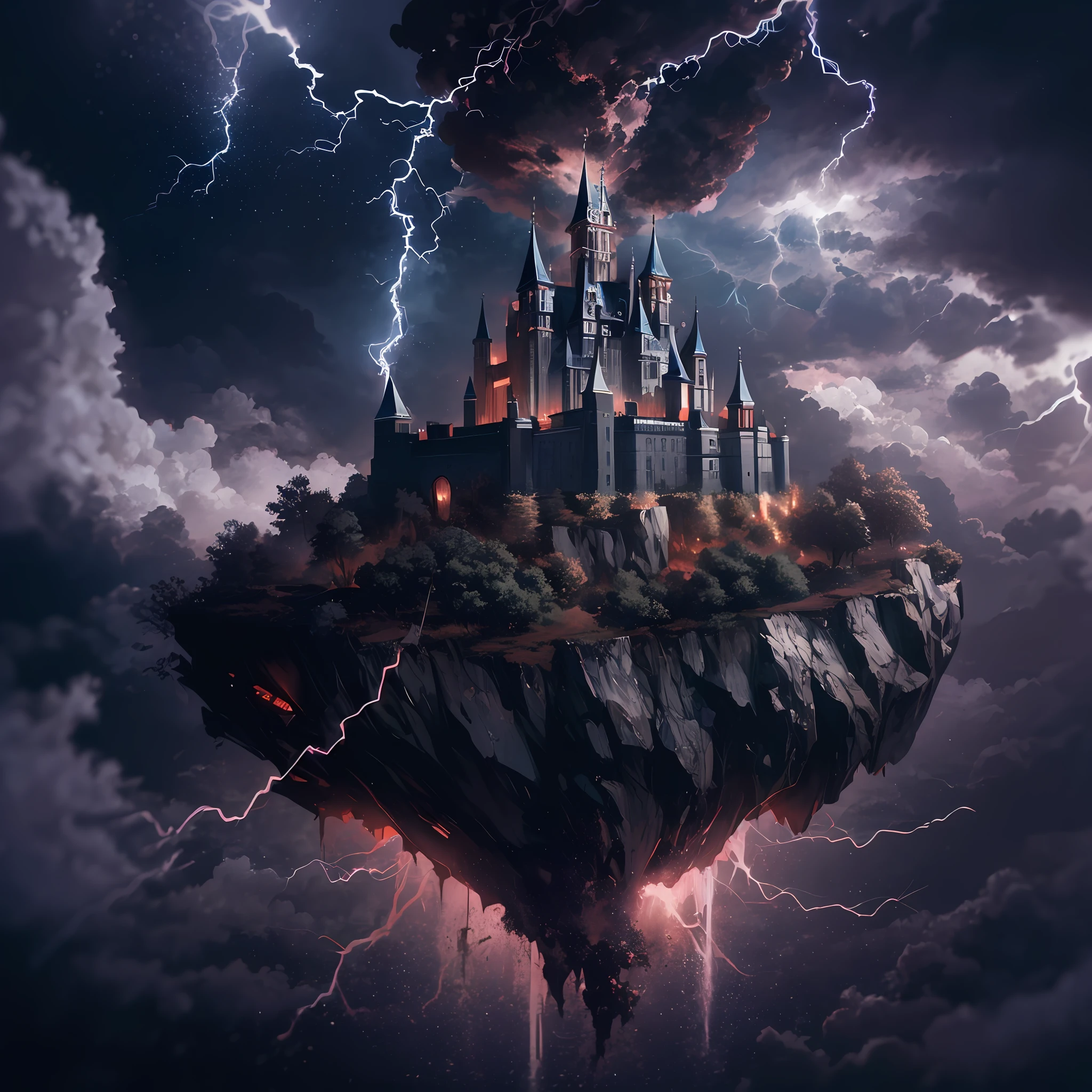 in the sky floating continent with castle in thunderstorm, 666, intricate surface detail and texture, thunderbolt and lightning, dark vibrant colors, chromesthesia, color contrast, elegant, dark transcendental, perfection, hyper real, ultra fine detailed skin, ultra quality, cinematic still, 16k, conceptual contrast, natural lighting,