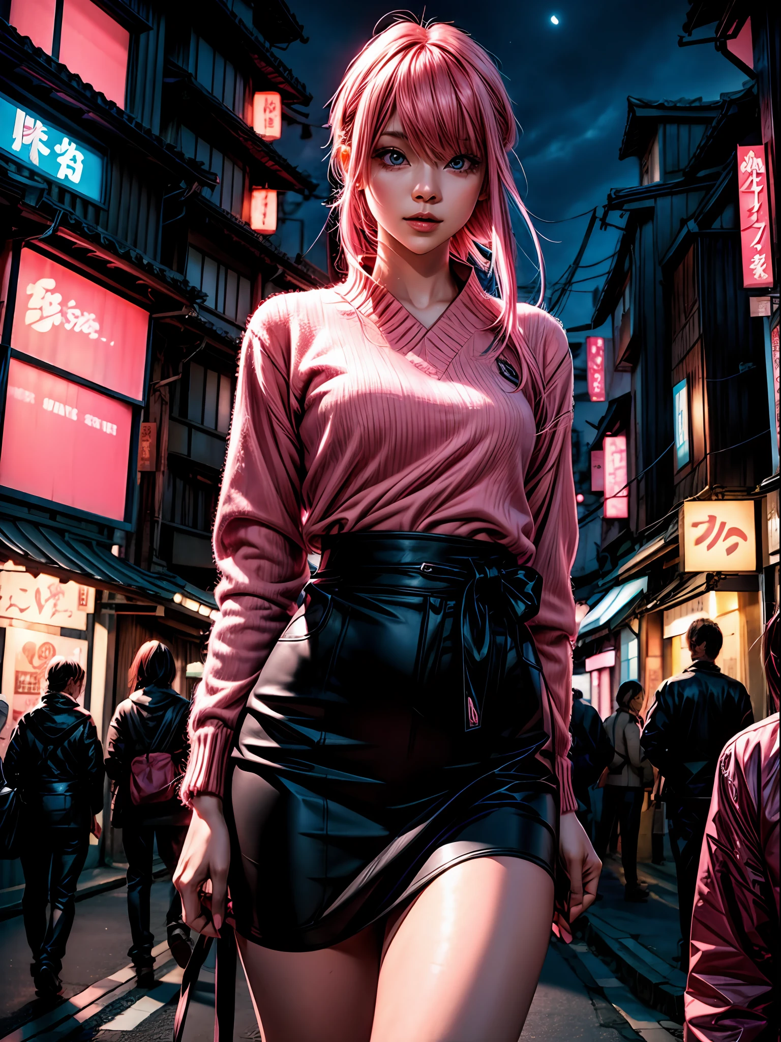 black pink,sexy girl with pink hair blue eyes,in the background japanese city at night,