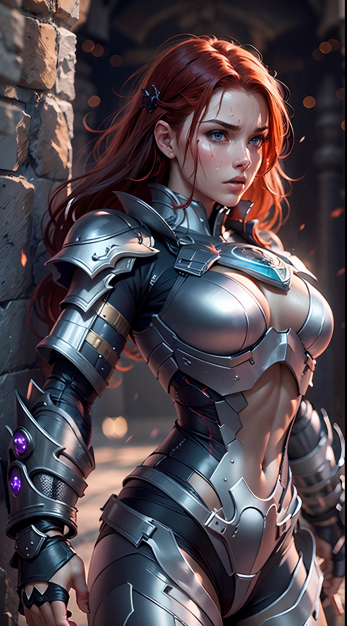 Ultra realistic, high resolution, ultra 8K, Redhead female, 25 years old, sweaty skin, athletic body with dark purple and silver robotic armor, white shorts, King's steel garments, Ultra resolution, dungeon castle, fighting pose, fighting. athletic body