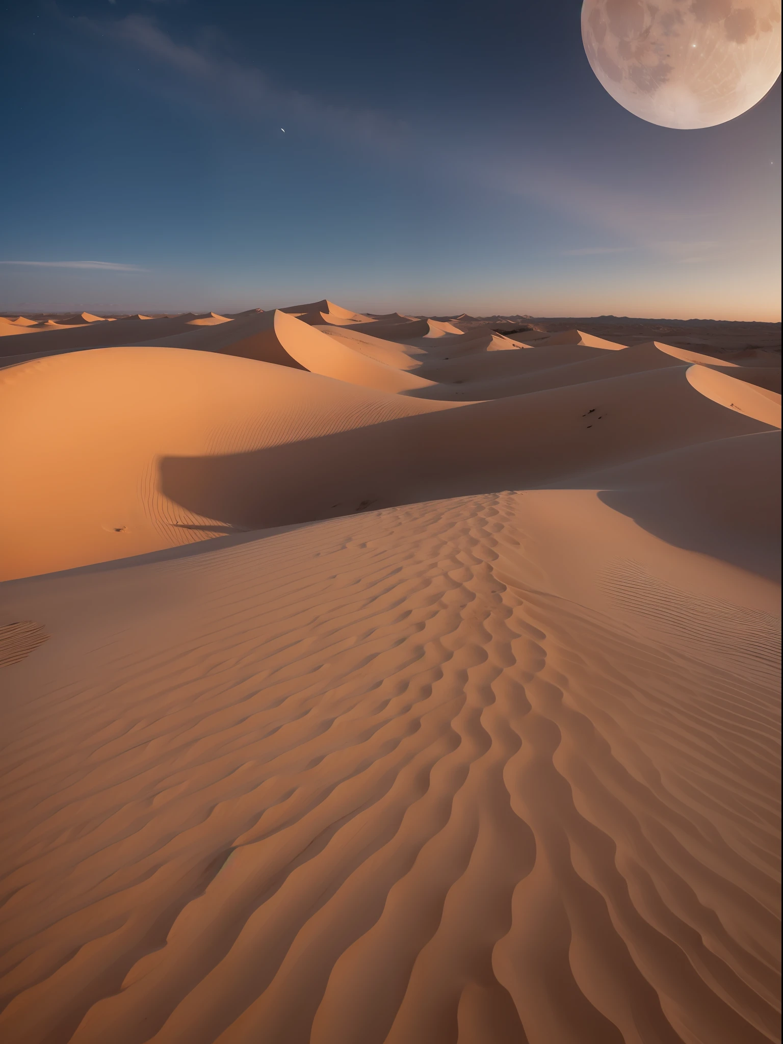 Dunas del desierto en una noche con una gran luna llena . Fotorrealista