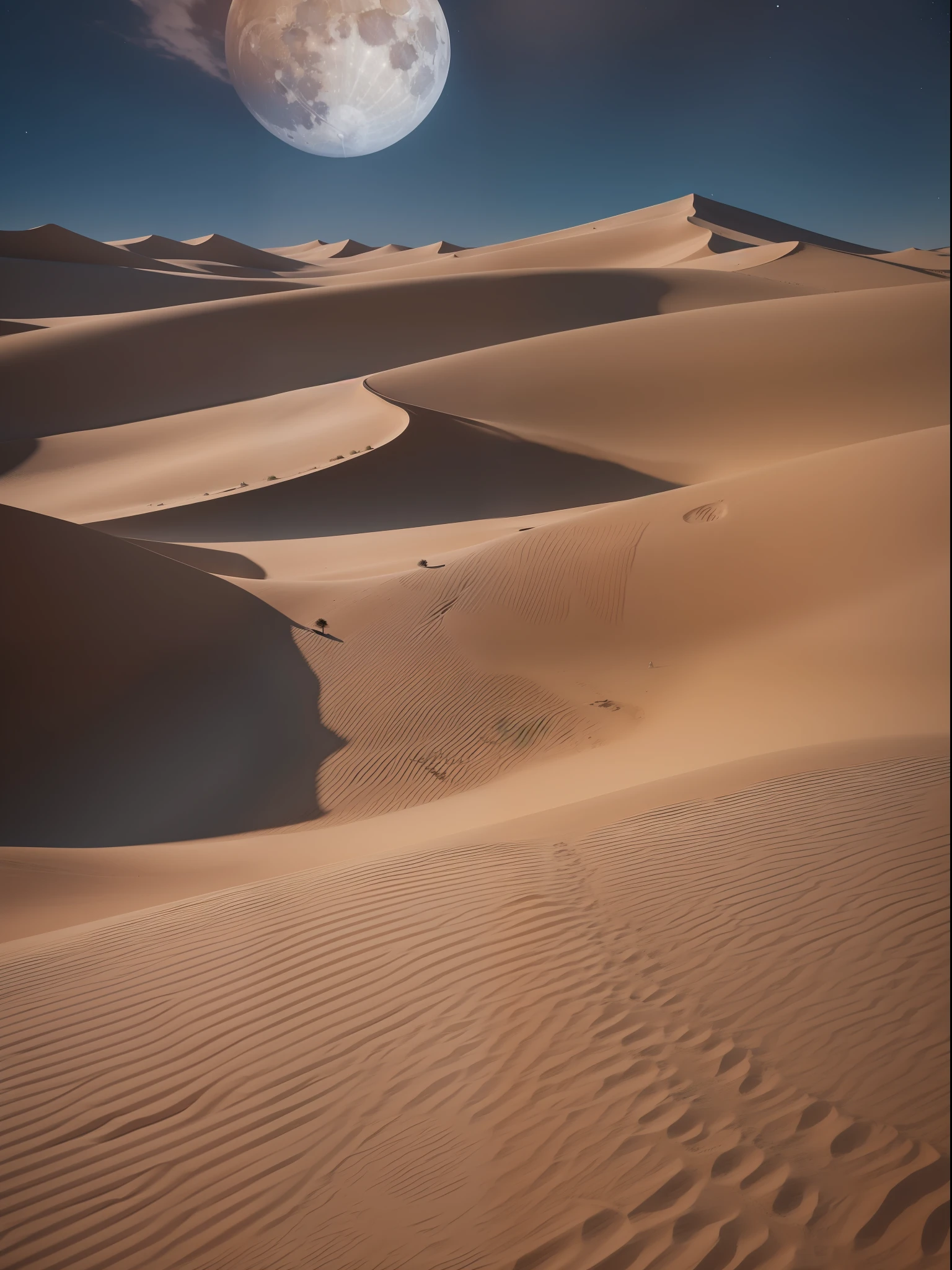 Dunas del desierto en una noche con una gran  luna llena . Fotorrealista