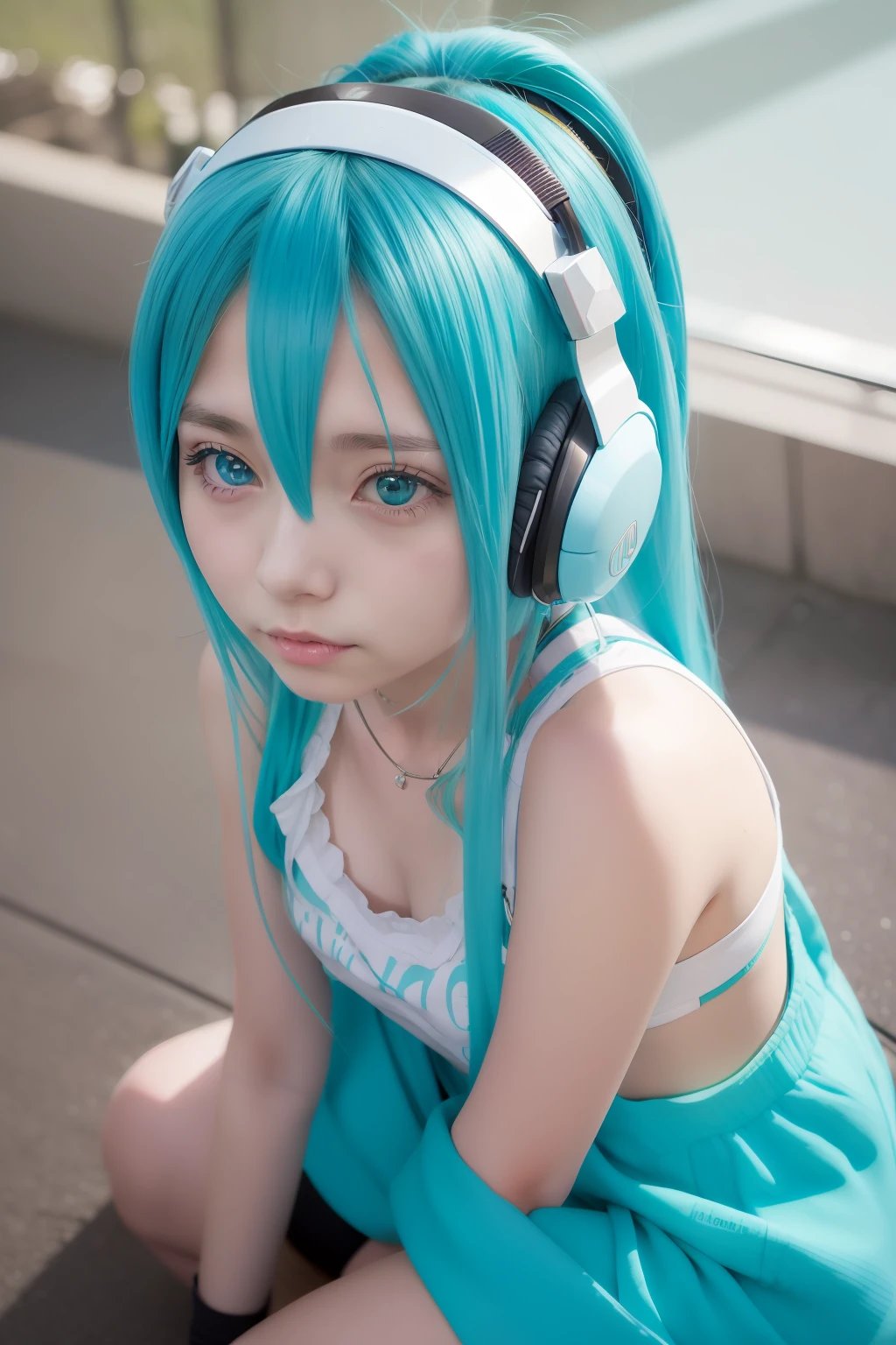 Anime girl with blue hair and headphones sitting on the ground, Miku, Hatsune Miku, hatsune miku portrait, Portrait of Hatsune Miku, hatsune miku face, Mikudayo, hatsune miku short hair, Pixiv Contest Winner, VOCALOID, hatsune miku in warhammer 40k, Anime girl with teal hair, by Shingei